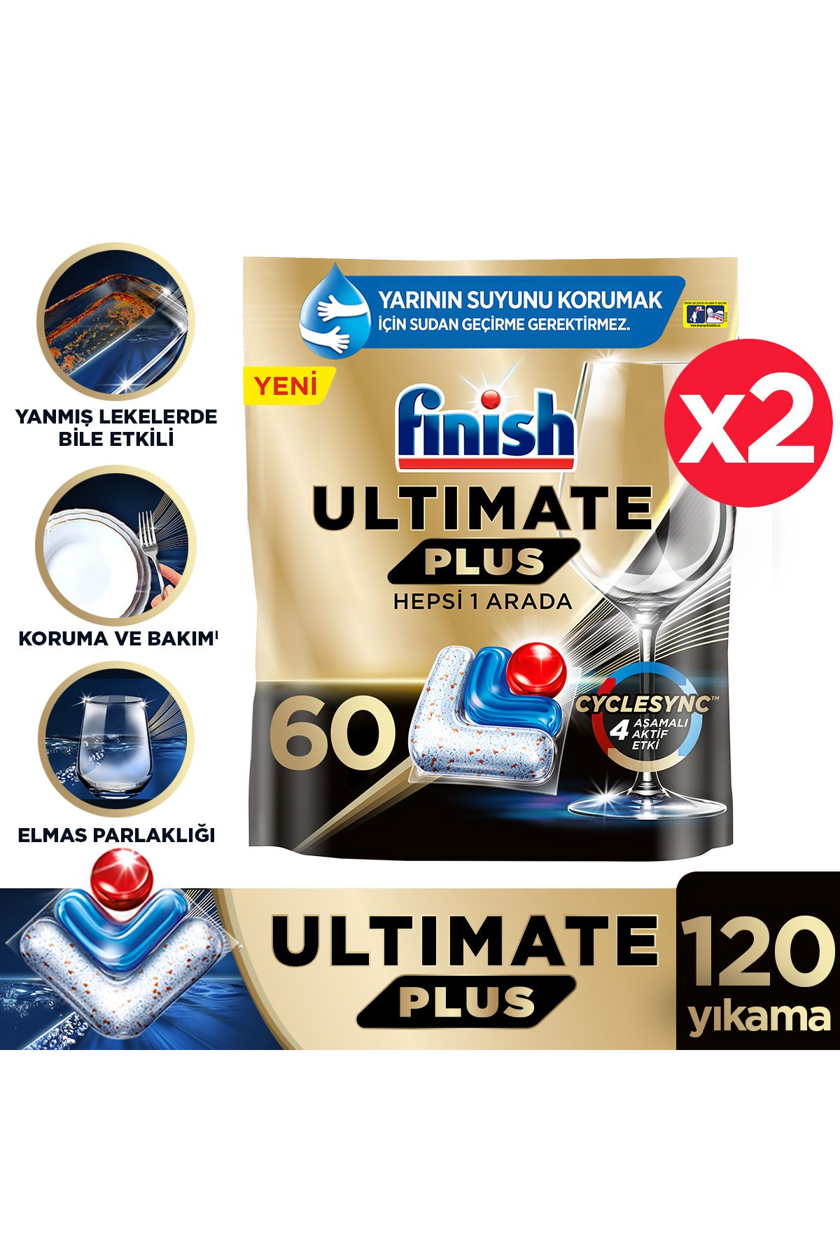 Finish Ultimate Plus Hepsi Bir Arada 120 Kapsül Bulaşık Makinesi Deterjanı Tableti (60X2)