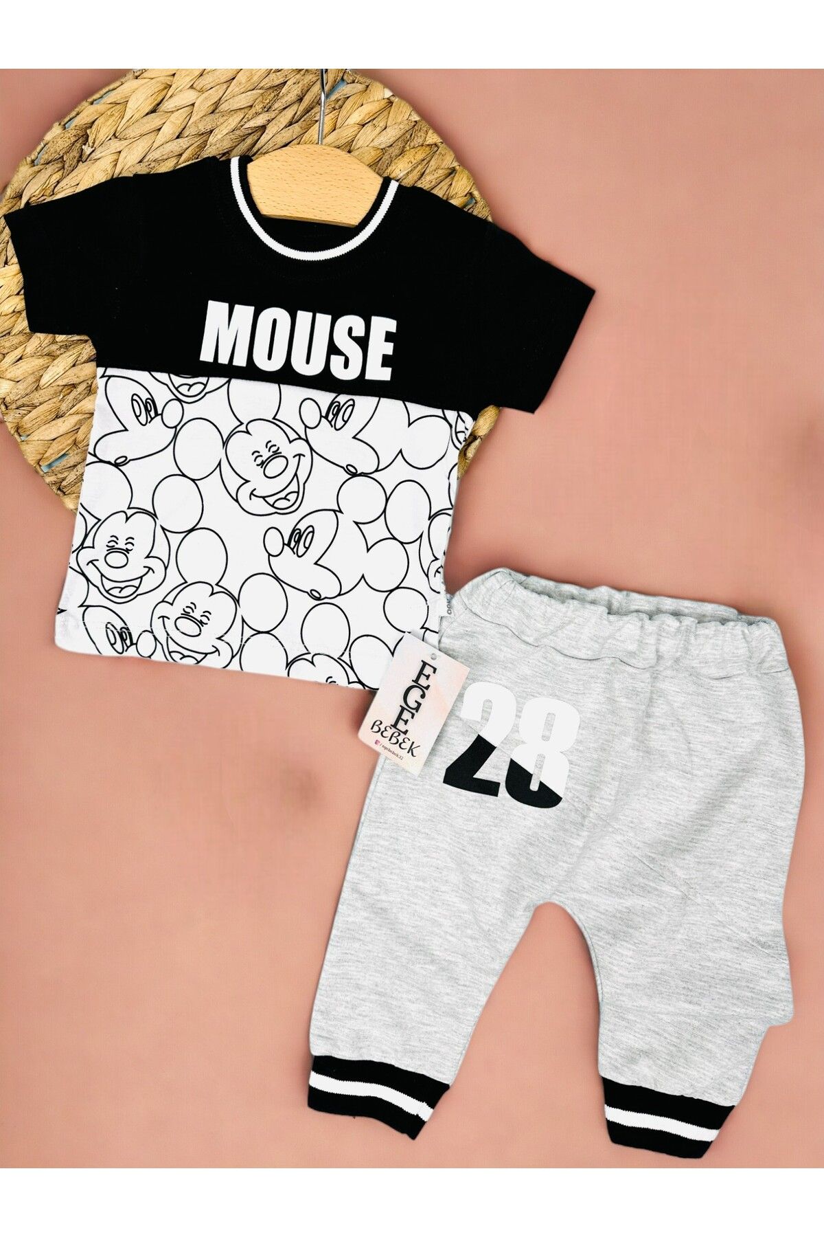 Egelite Erkek Bebek Mickey Mouse Baskılı Yazlık Günlük Eşofman Takımı, T-shirt ve Eşofman Altı Takımı
