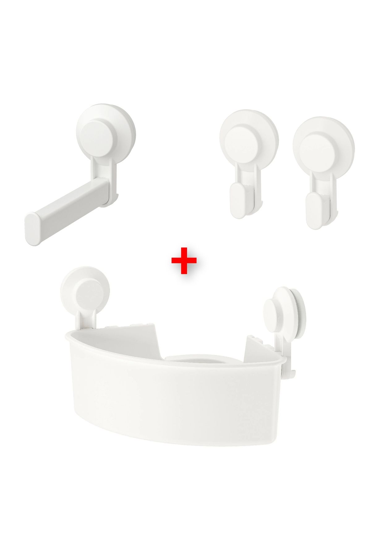 IKEA 3 Parça Vantuzlu Banyo Seti İkea Köşe Duş Sepeti, Tuvalet Kağıtlığı ve 2 Li Duvar Askısı Plastik