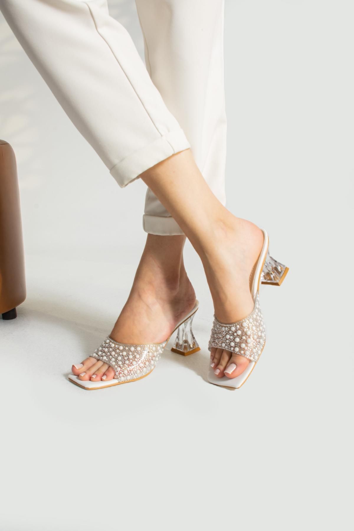 Gökçe Shoes Mary Beyaz Şeffaf İnci Taşli Topuklu Kadin Terlik