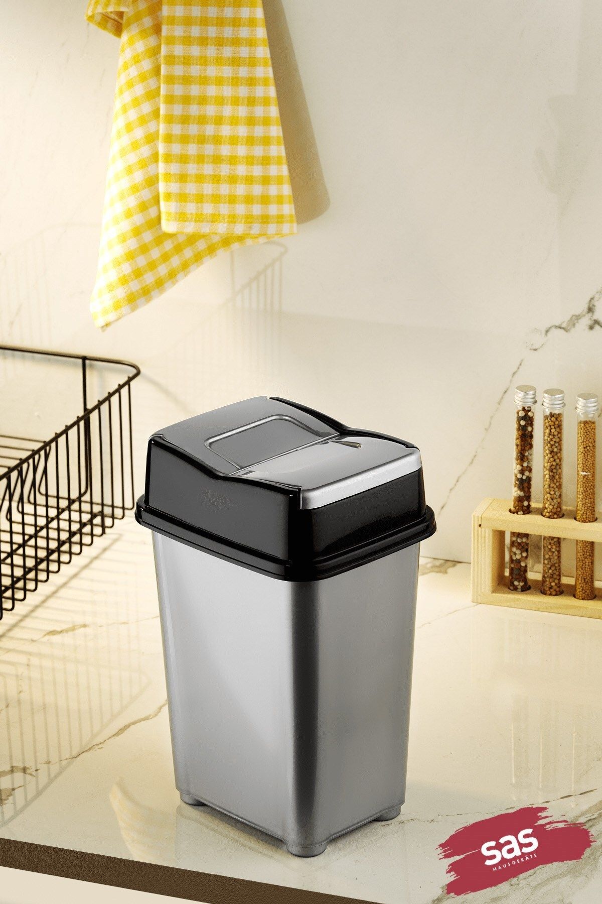 Sas Haus Dolap Içi Çöp Kovası Pratik Kapak Banyo Mutfak Girdap Çöp Kovası Gri 5 Litre