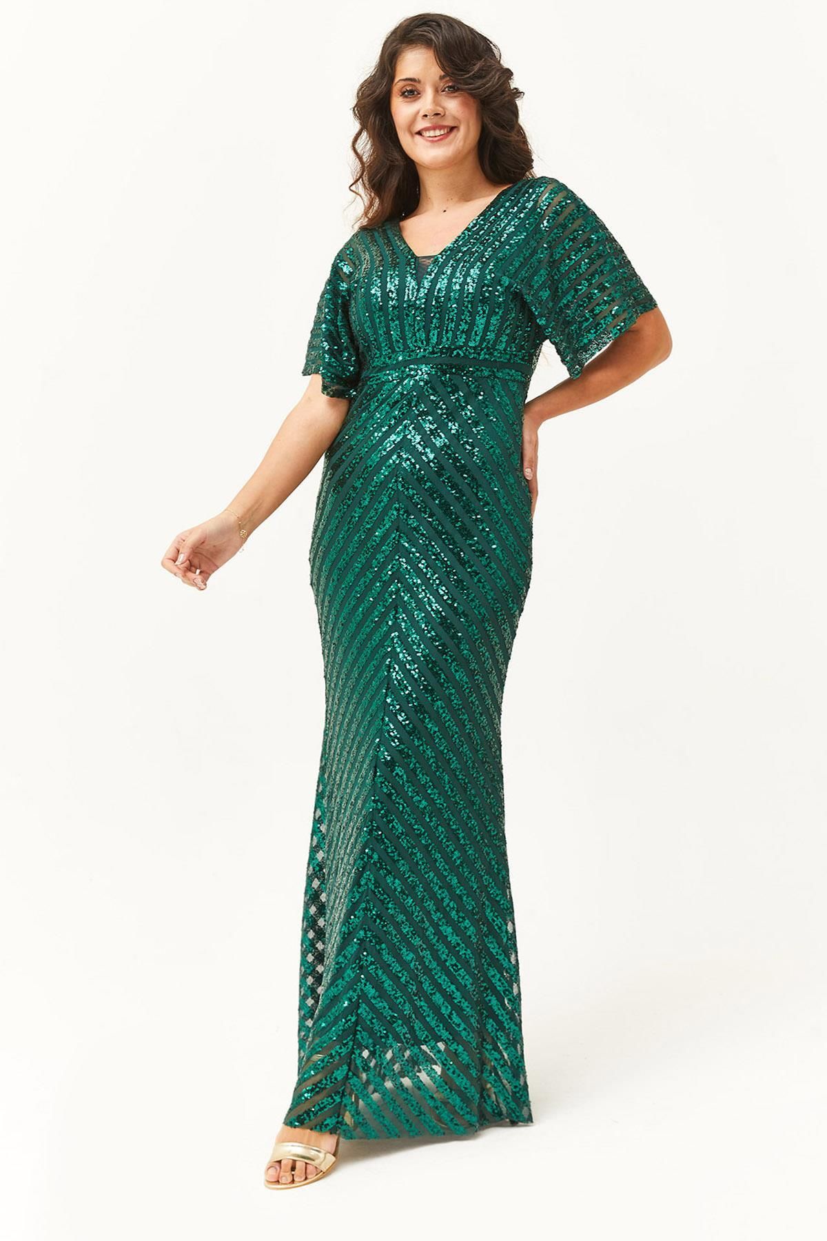 Ebsumu Kadın Büyük Beden Pul Payet Desenli Uzun Yeşil Abiye & Davet Elbisesi