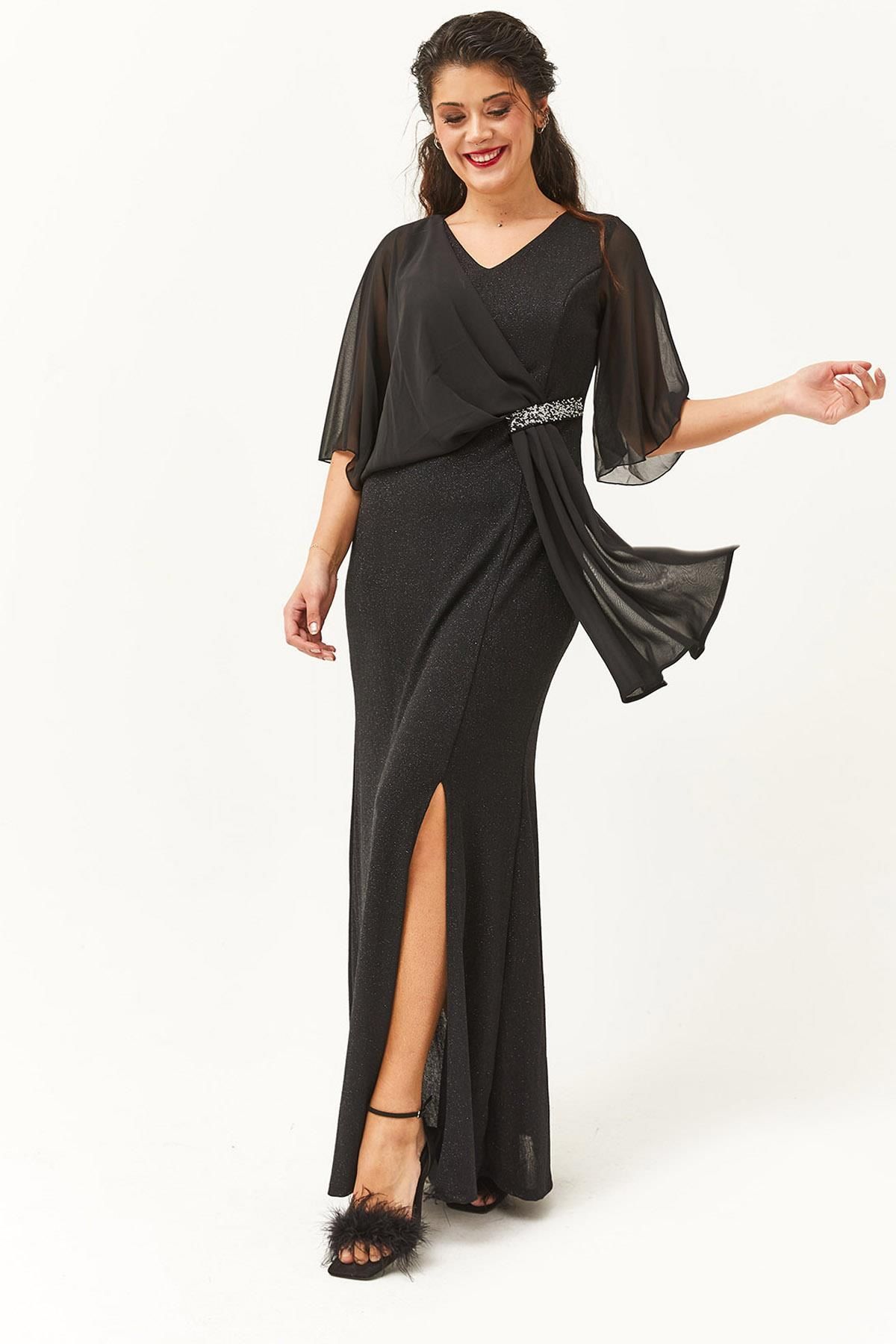 Ebsumu Kadın Büyük Beden Asimetrik Şifon Detay Uzun Siyah Abiye & Davet Elbisesi