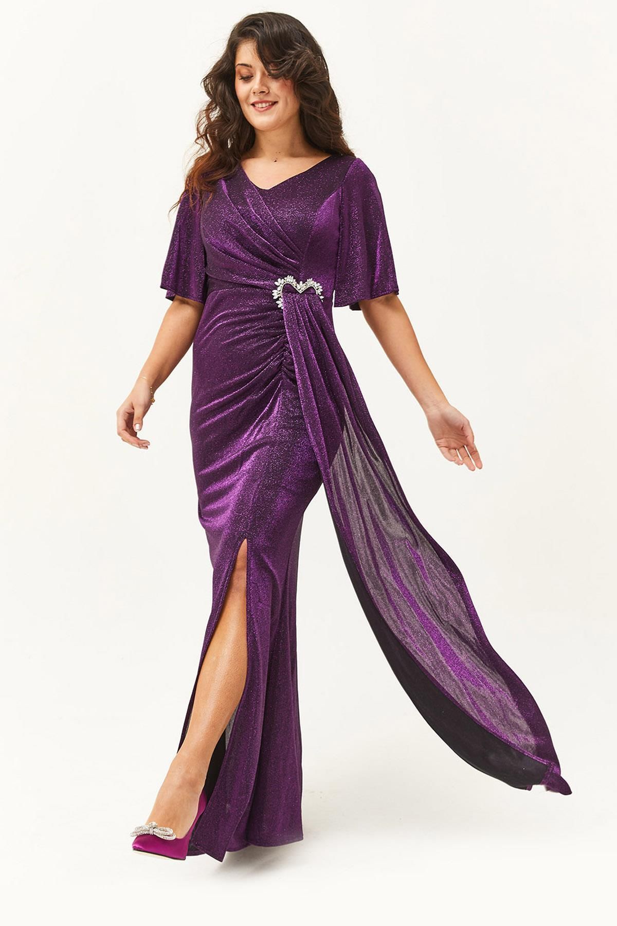 Ebsumu Kadın Büyük Beden Taşlı Toka Detaylı Uzun Mor Abiye & Gece Elbisesi