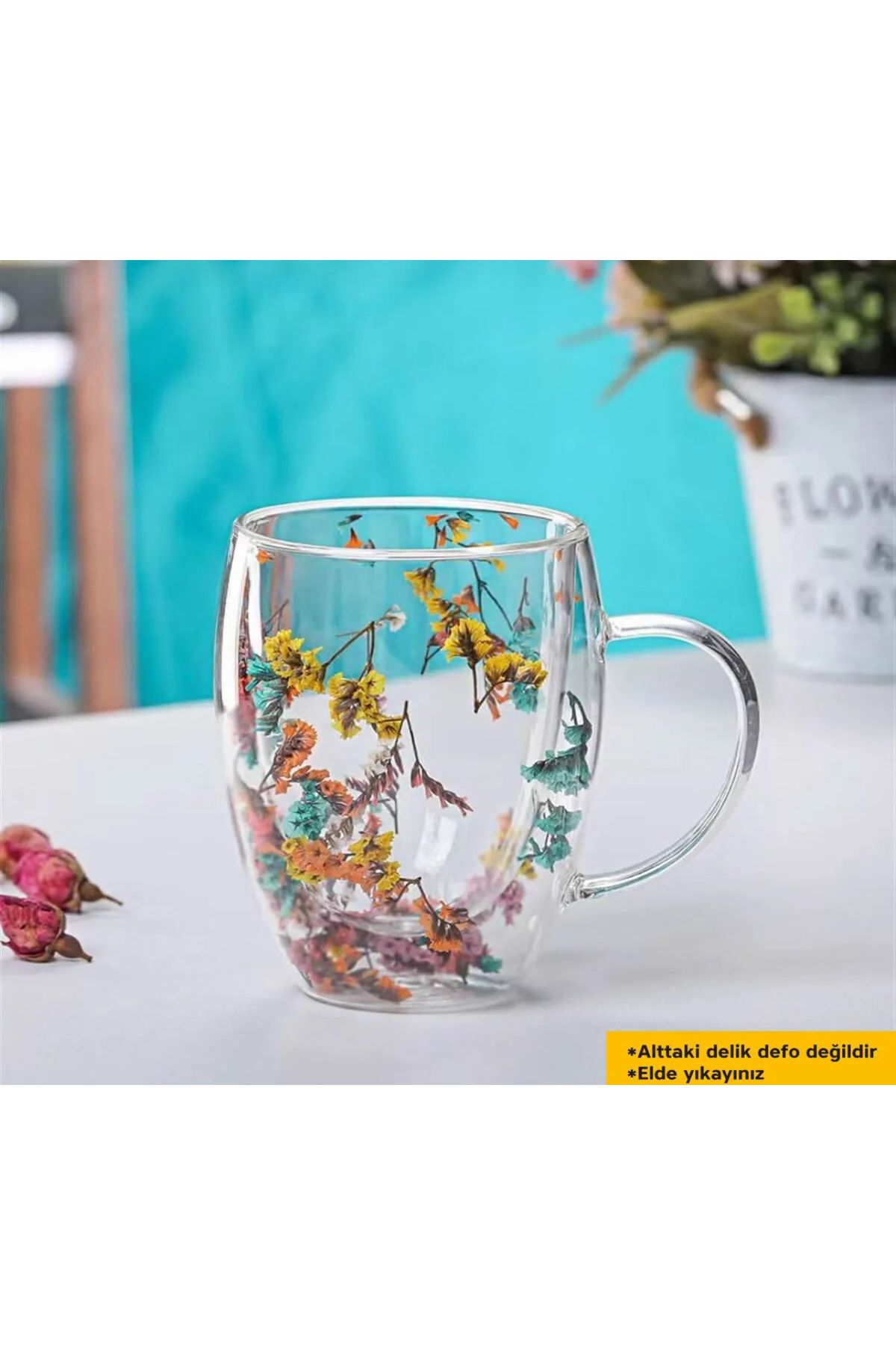 MİMOZA PARK 1 Adet Çiçekli Isıya Dayanıklı Borosilikat Çift Çidarlı Flower Cup | Çiçekli Kahve Sunum Bardağı