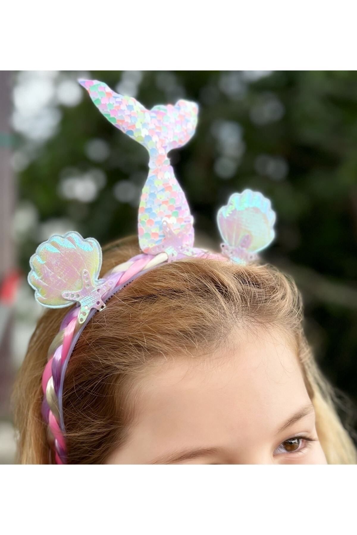 QUEEN AKSESUAR Deniz kabuğu kızı kuyruğu yıldızı uzun örgü postiş saç çocuk tacı parti doğum günü taç pullu