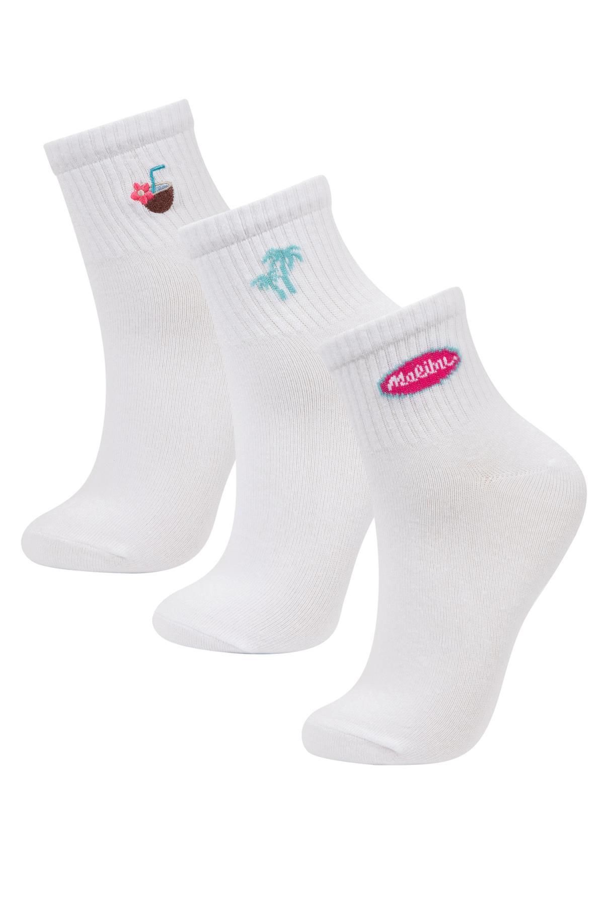 Defacto Kadın Nakış 3'lü Pamuklu Soket Çorap B6097axns