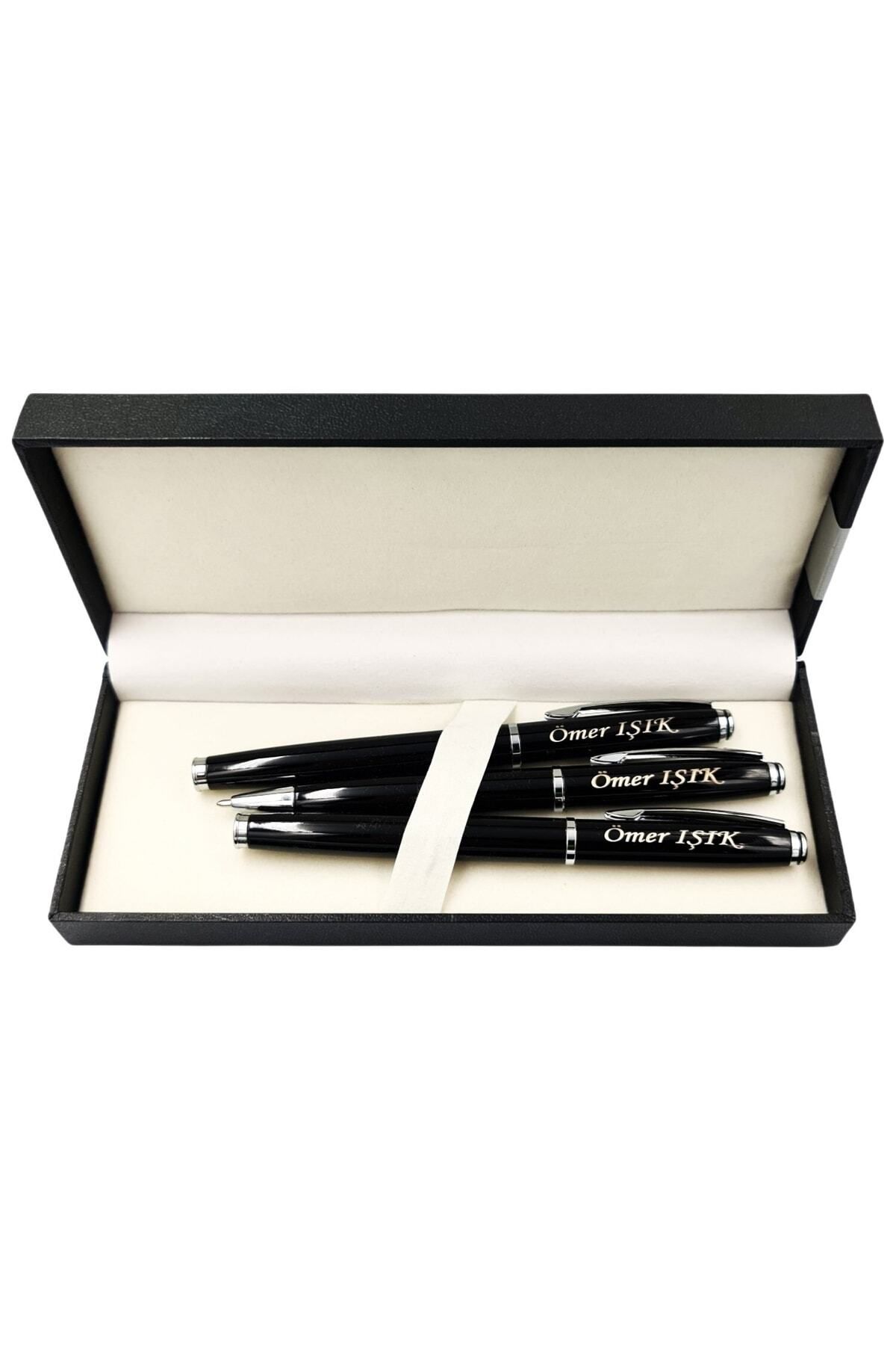 NRDLİFE Kişiye Özel Isim Baskılı Siyah 3 Lü Kalem Seti Dolma Kalem-roller Kalem-tükenmez Kalem