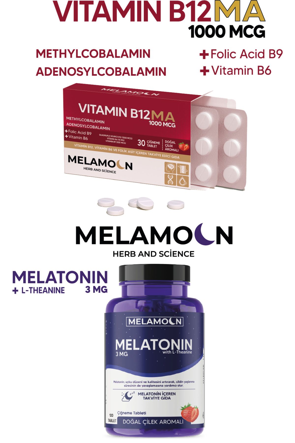 Melamoon Melatonin 3mg 120 tablet + B12 1000 mcg B6 ve Folik asit Fırsat Paketi