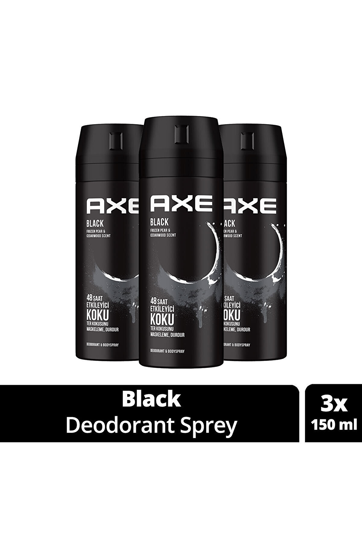 Axe Erkek Deodorant & Bodyspray Black 48 Saat Etkileyici Koku Vücut Spreyi 150 ml X3 Adet
