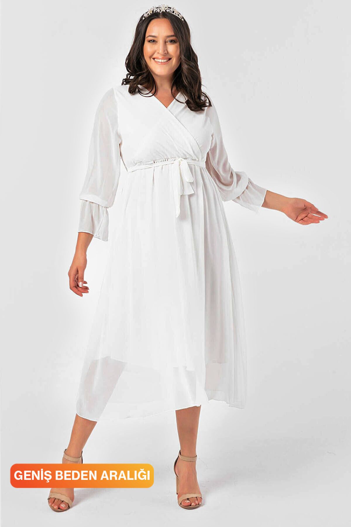Elbise Delisi Beyaz Uzun Kruvaze Yaka Anvelop Şifon  Elbise