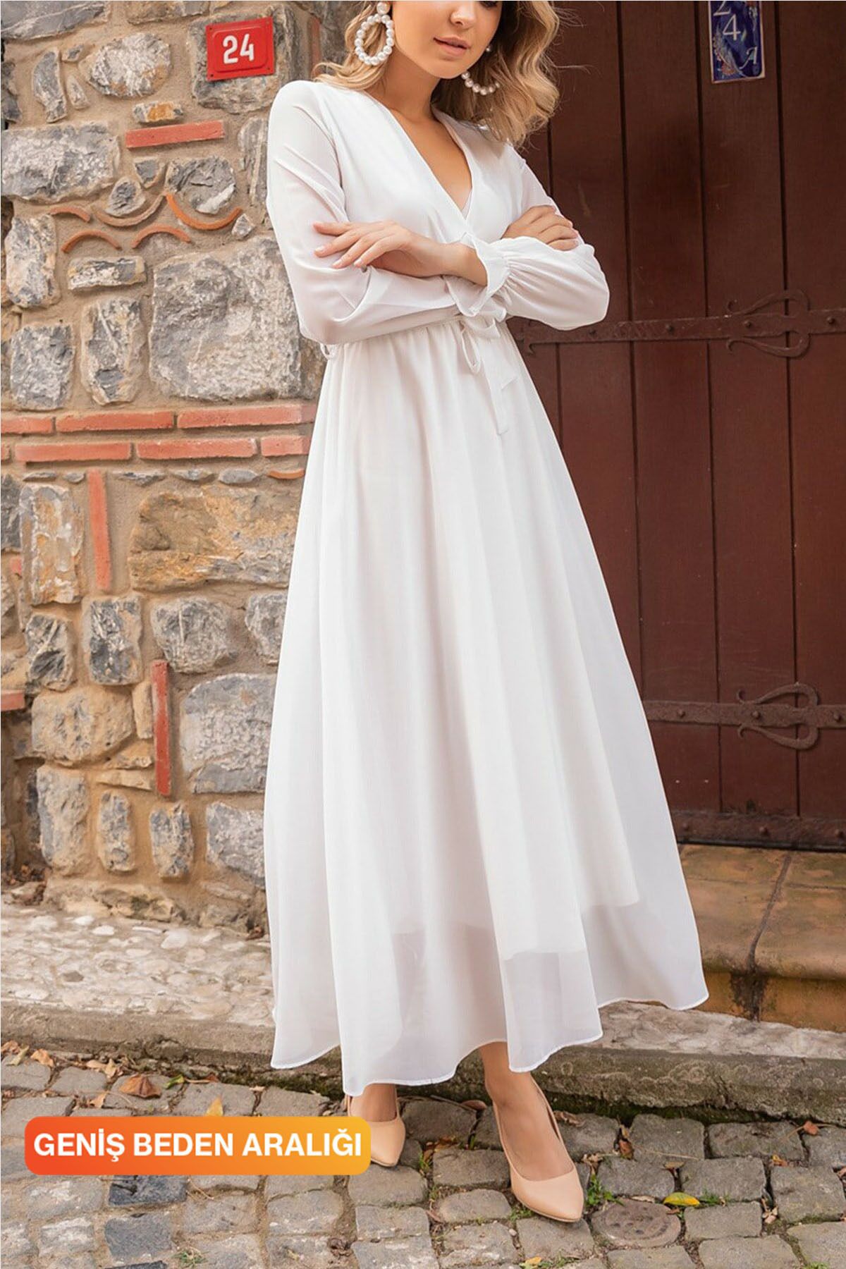 Elbise Delisi Kadın Beyaz Uzun Kruvaze Yaka Şifon Elbise