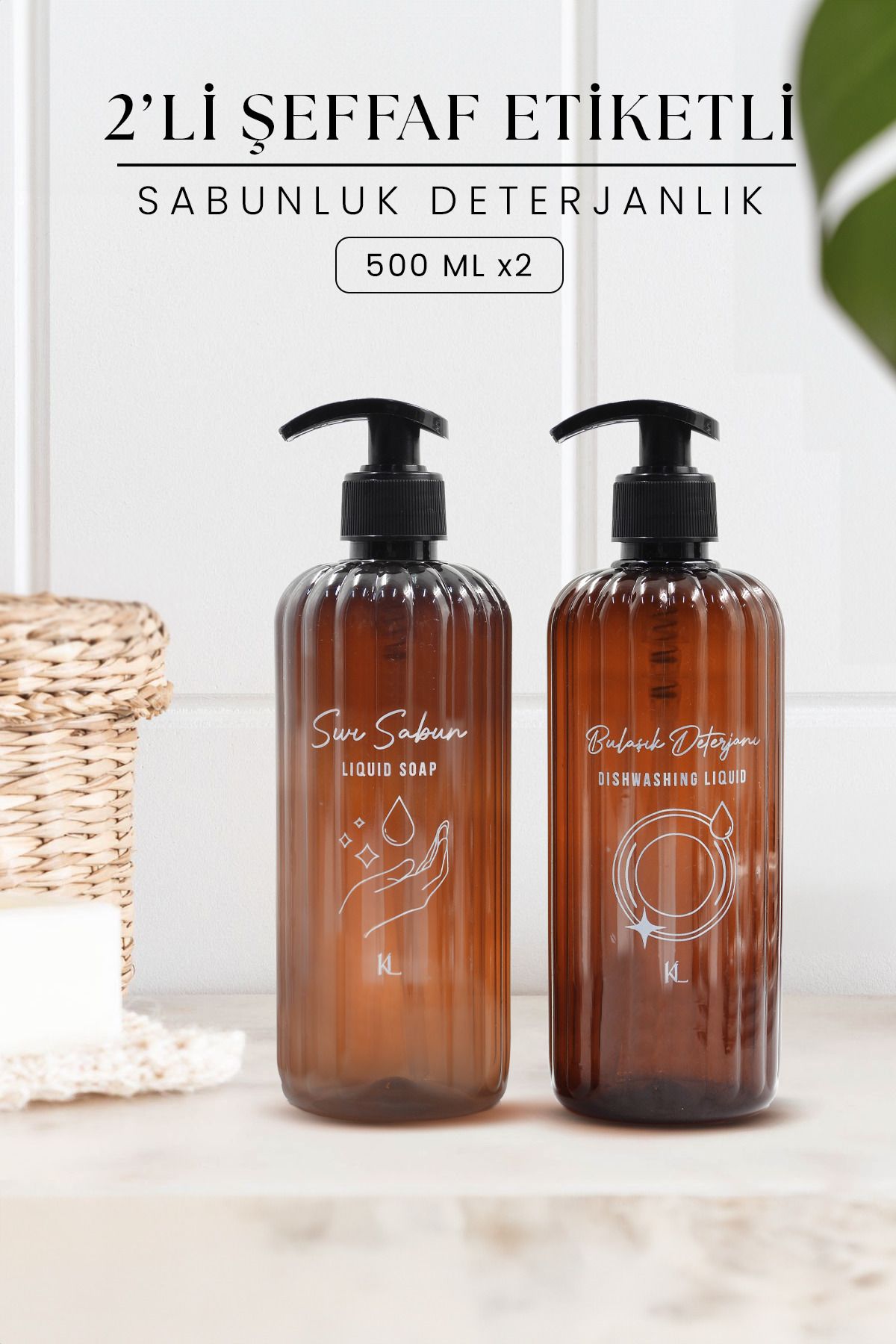 Kitchen Life 2'li Amber Sıvı Sabun Bulaşık Deterjanı Şişesi Sabunluk Seti - 500 ml