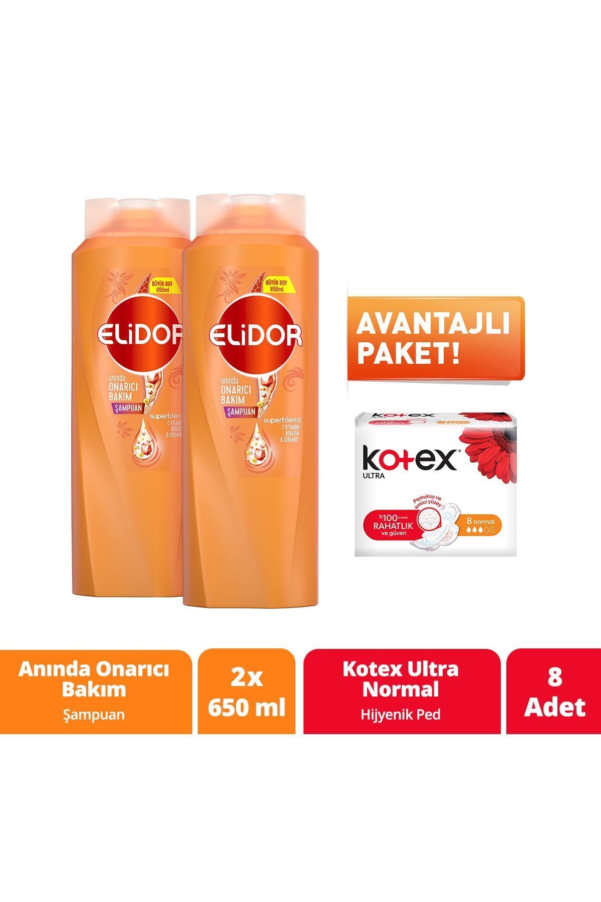 Elidor Anında Onarıcı Bakım Şampuan 650 ml X2 8'li Kotex Normal