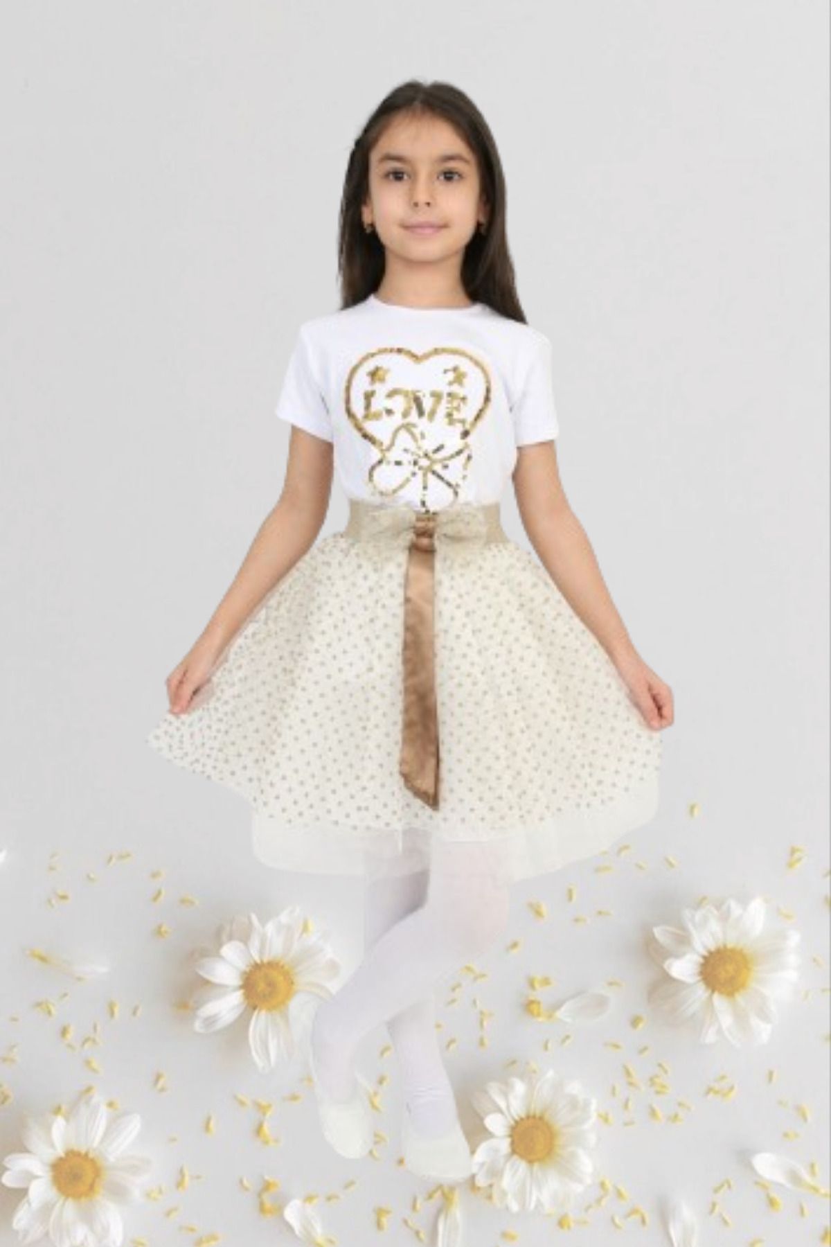 Nacar Kız Çocuk 23 Nisan Kıyafeti Kostüm Tütü Etek Kısa Kol Desenli Tshirt Krem Takım 024