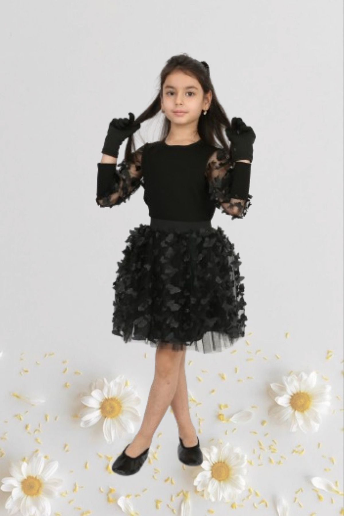 Nacar Kız Çocuk 23 Nisan Kıyafeti Kostüm Tütü Etek Dantelli Bluz Siyah Takım 024