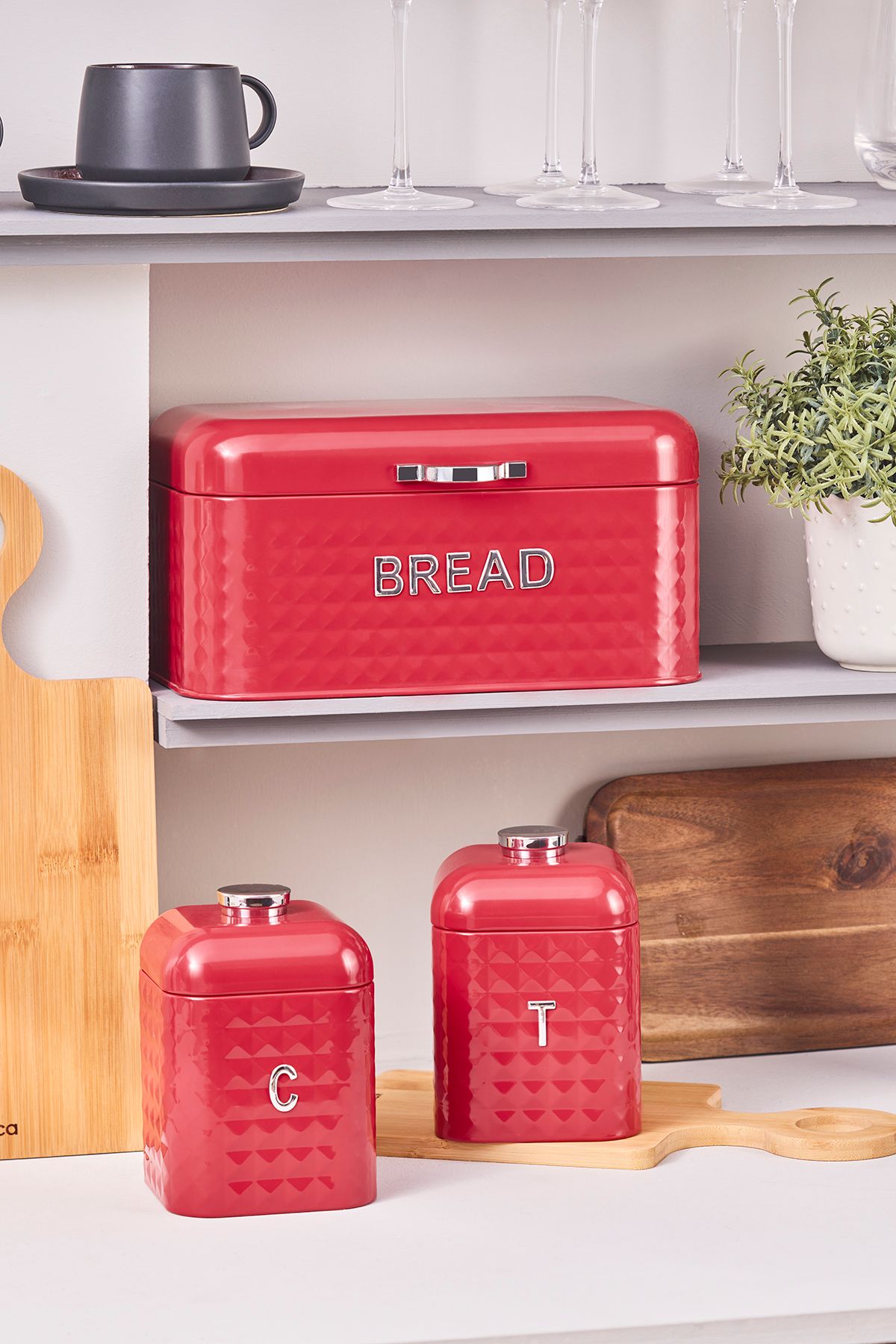 Karaca Elmas Karbon Çelik Ekmek Kutusu Saklama Kabı Hediyeli Kırmızı