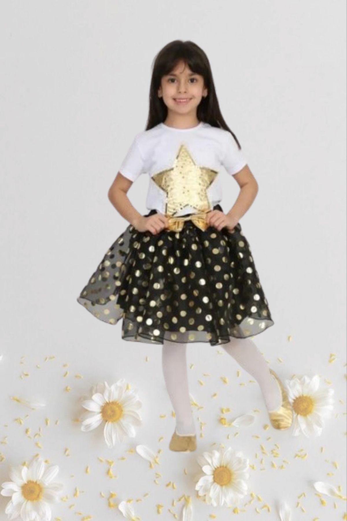 Nacar Kız Çocuk 23 Nisan Kıyafeti Kostüm Tütü Etek Kısa Kol Desenli Tshirt Altın Takım 024