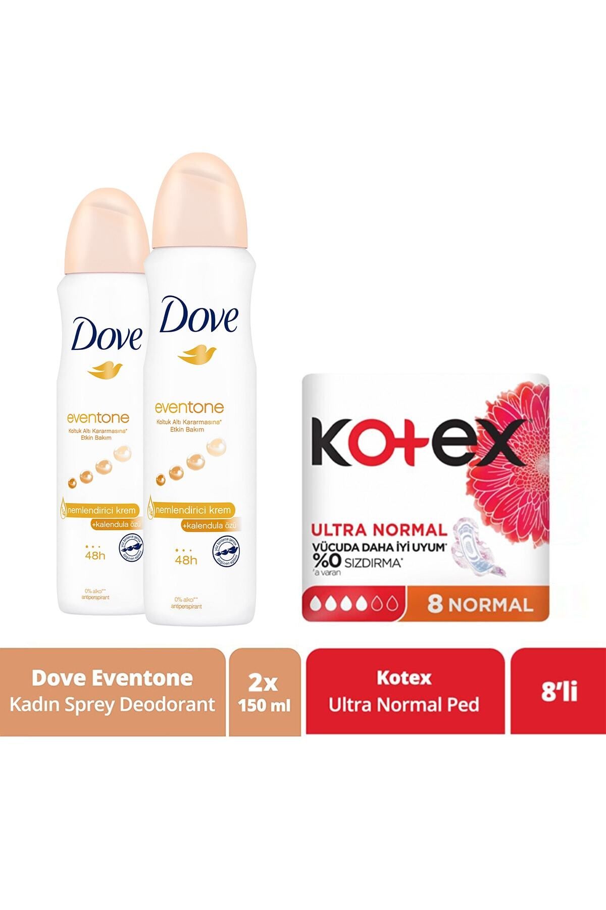 Dove Kadın Sprey Deodorant Eventone 150 ml x2 + Kotex Ped Ultra Normal 8'li
