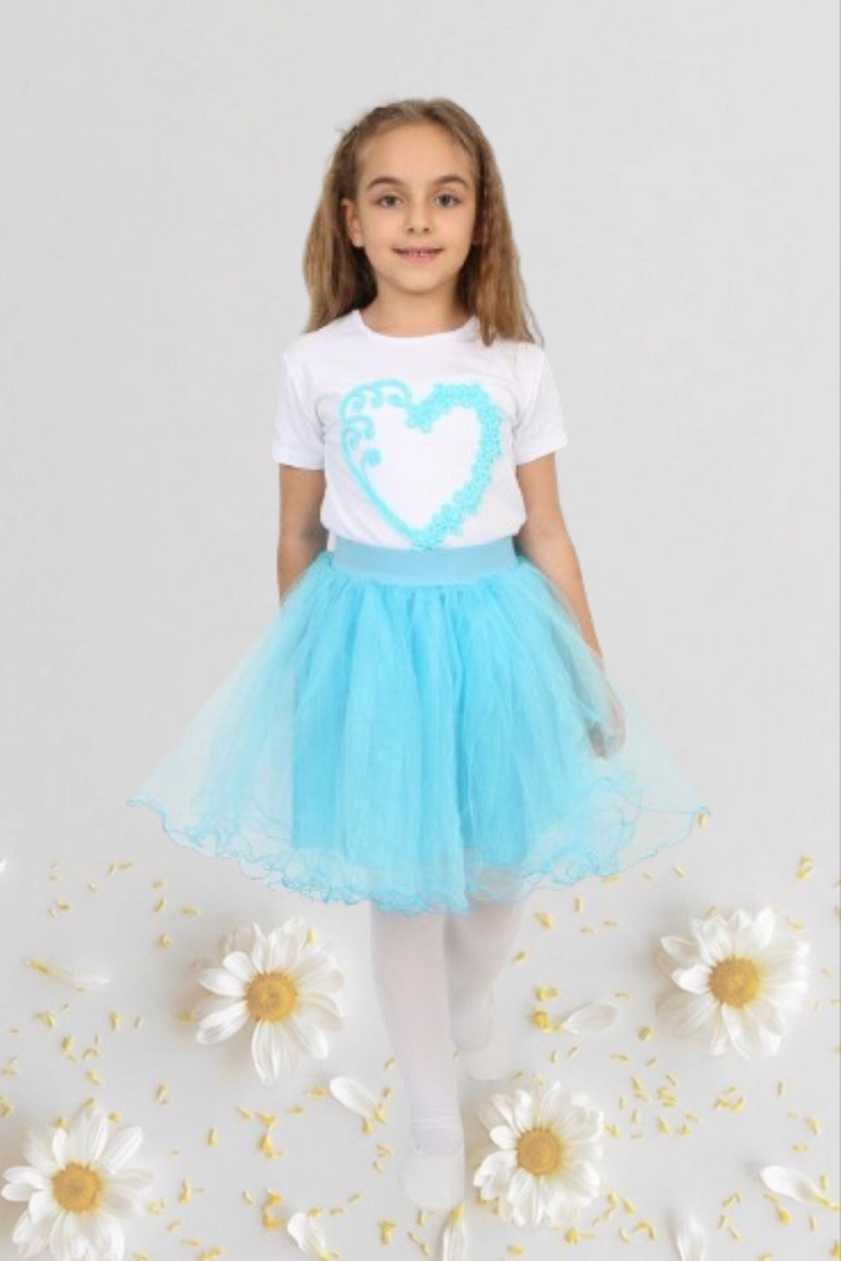 Nacar Kız Çocuk 23 Nisan Kıyafeti Kostüm Tütü Etek Kısa Kol Desenli Tshirt Takım 024