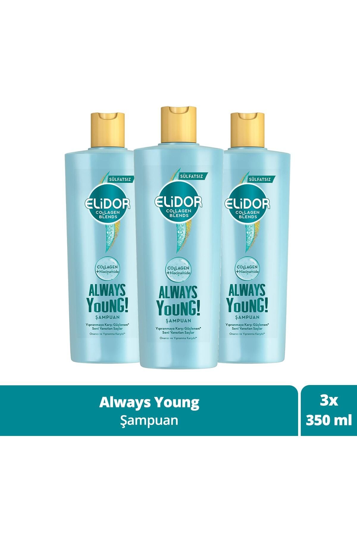 Elidor Collagen Blends Sülfatsız Saç Bakım Şampuanı Always Young Yıpranma Karşıtı Onarıcı 350 ml x3