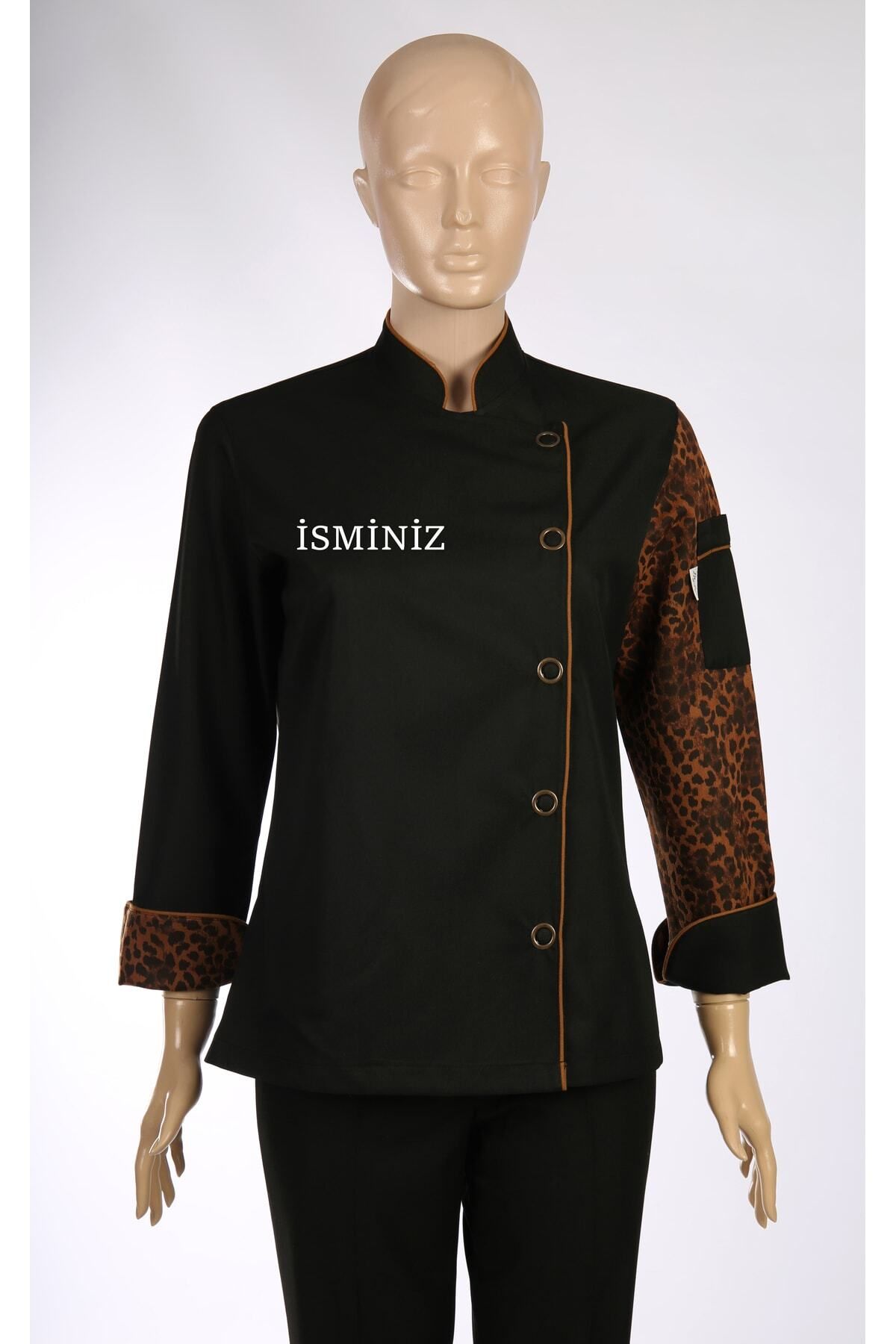 My Chef Şef Ceketi Siyah Leopar Desenli Zena Yaka Kadın Aşçı Kıyafeti