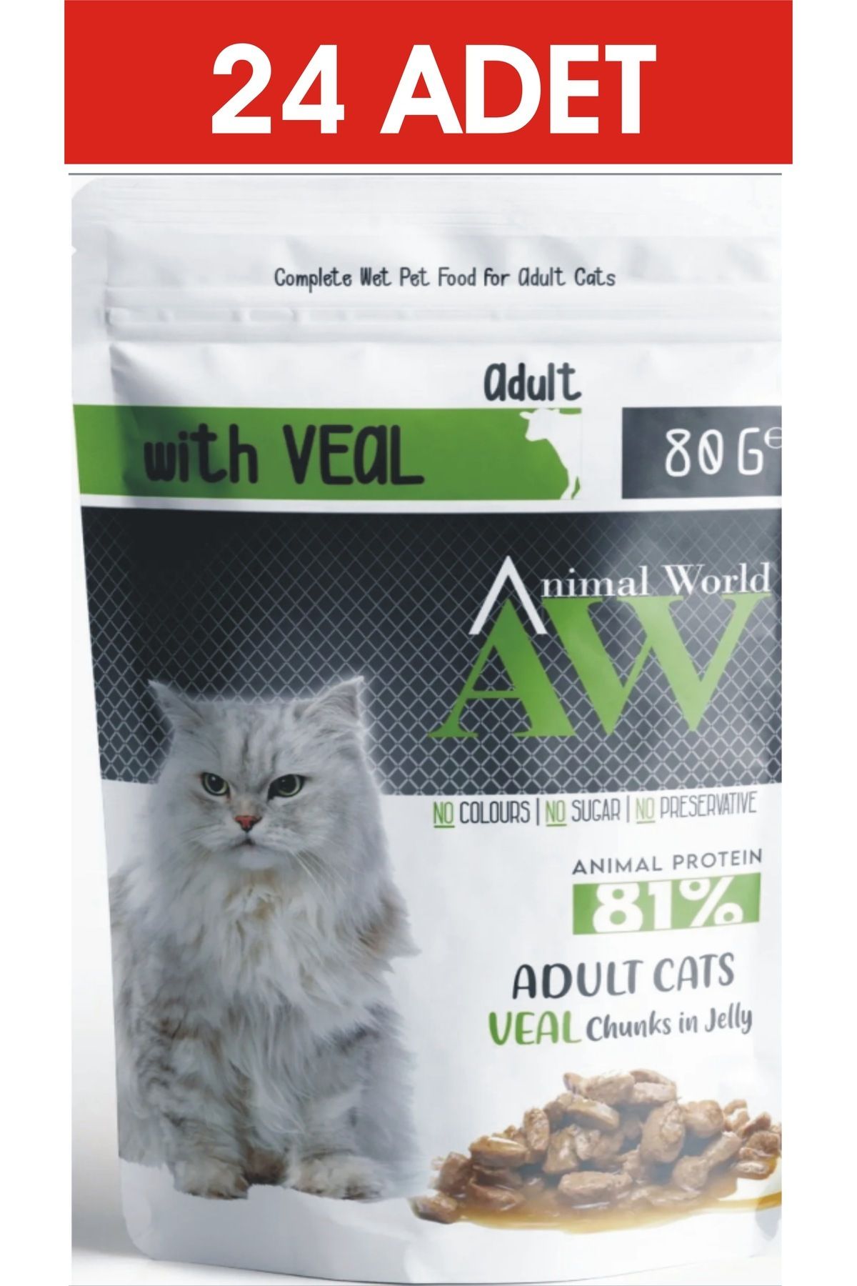 Animal World biftekli kedi konservesi Hassas Mideli kediler için Yetişkin 24 Adet x 80 Gram