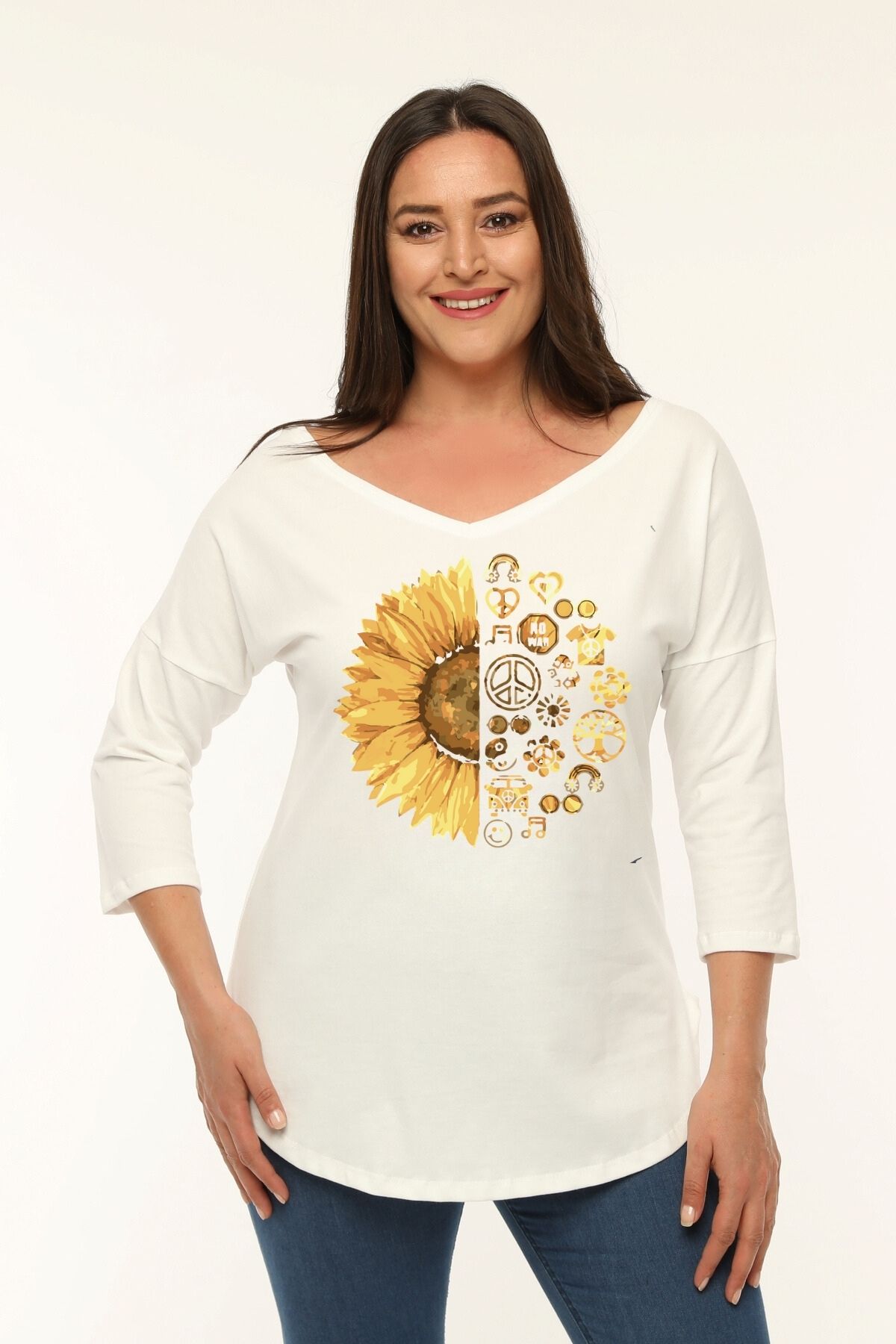 Curvy Trend Büyük Beden Sun Flower Baskılı Geniş V Yaka Yarım Kol Oval Yırtmaç Bluz