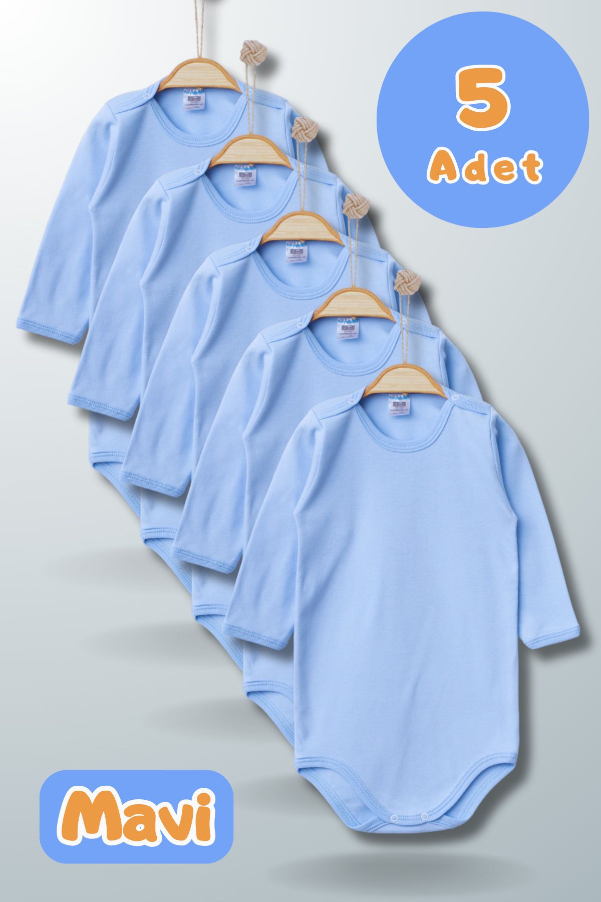 Hoppidik 7175 Erkek veya Kız Bebekler için Hediyelik %100 Pamuklu Kumaştan Uzun Kollu Beşli Basic Body Seti