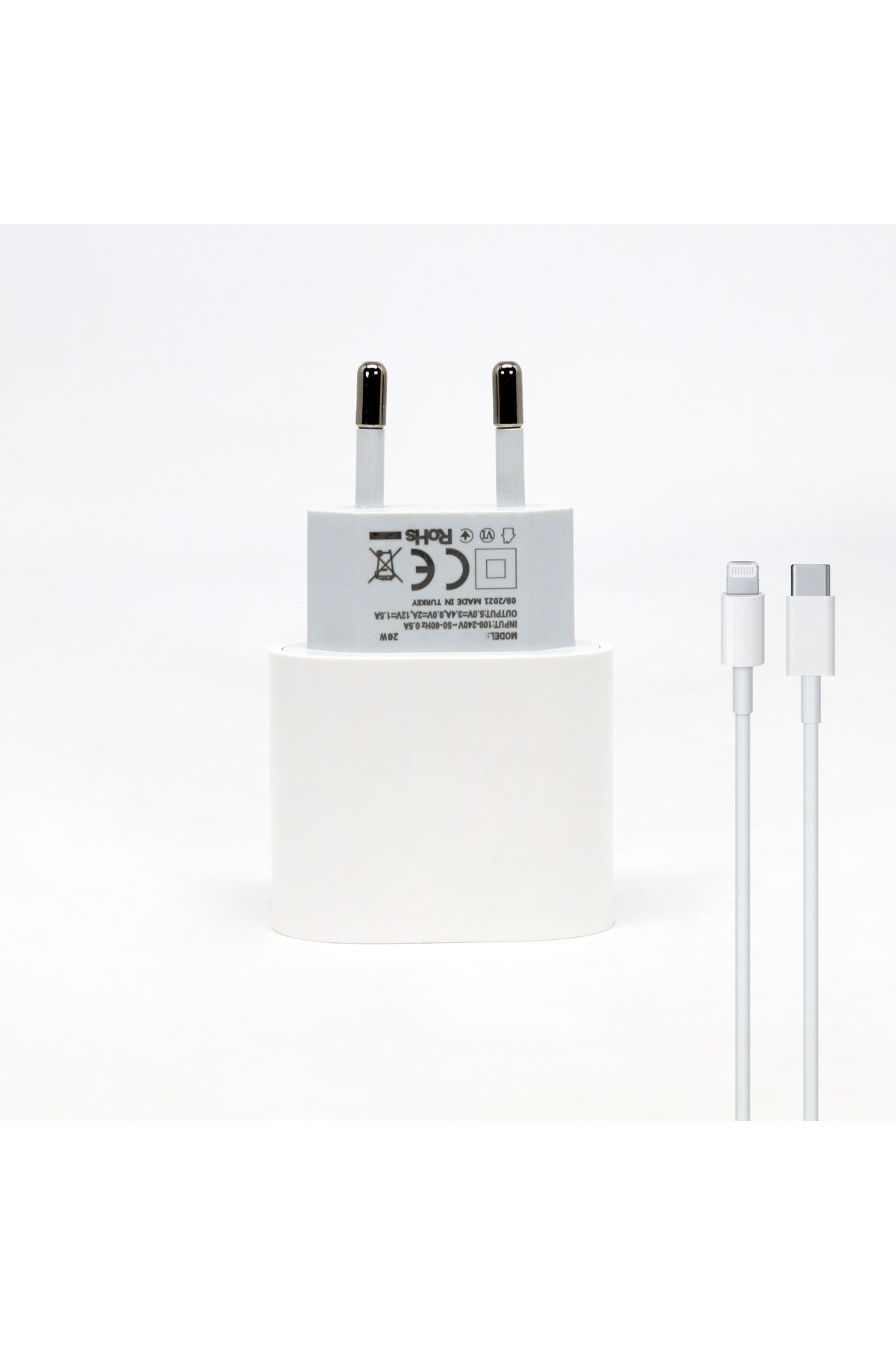 xmldünyası CAYKA 20W PD Type-C Çıkışlı Hızlı Şarj Adaptörü 1m Lightning Kablo Set Beyaz
