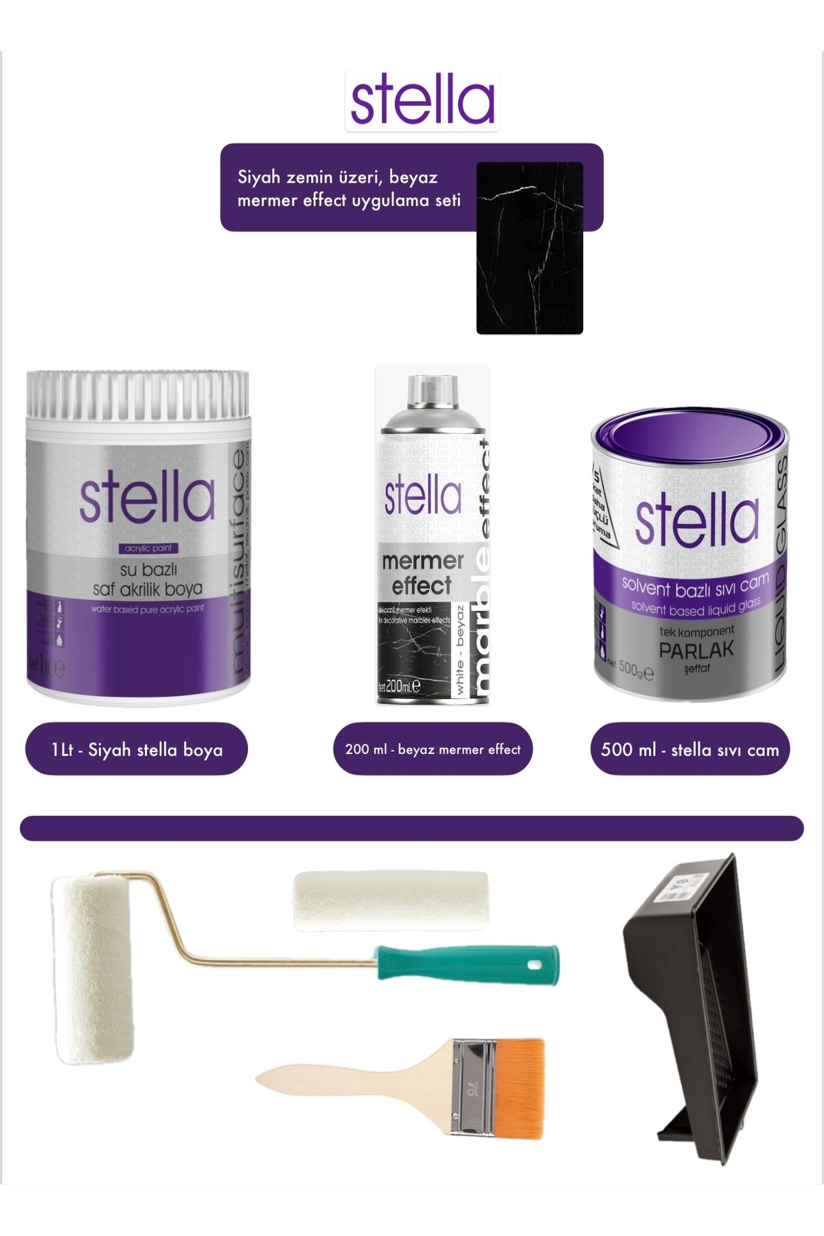 Stella Set 1 Lt siyah + beyaz efekt + solvent sıvı cam + moher rulo + rulo ucu