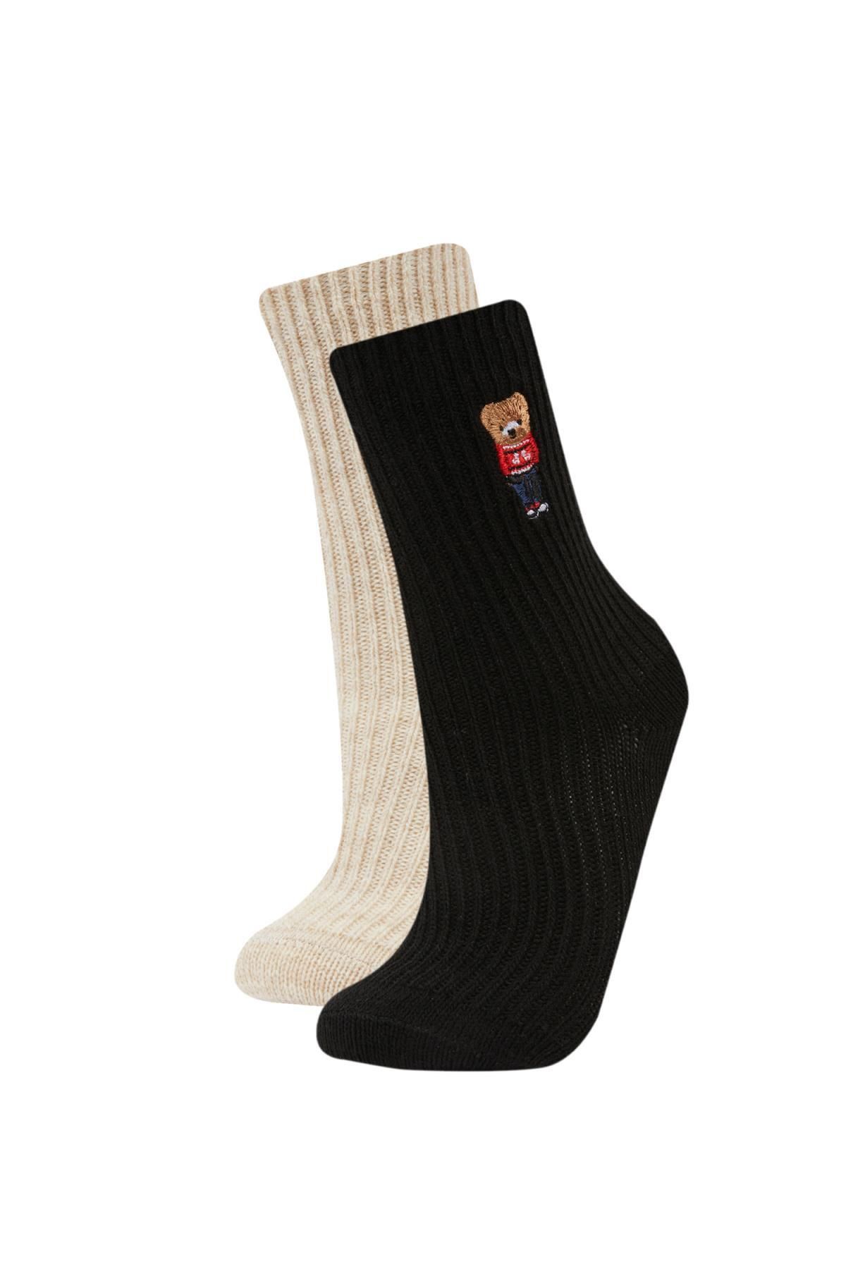 Defacto Kadın Nakış Ayıcık Desenli 2li Kışlık Çorap C5143axns