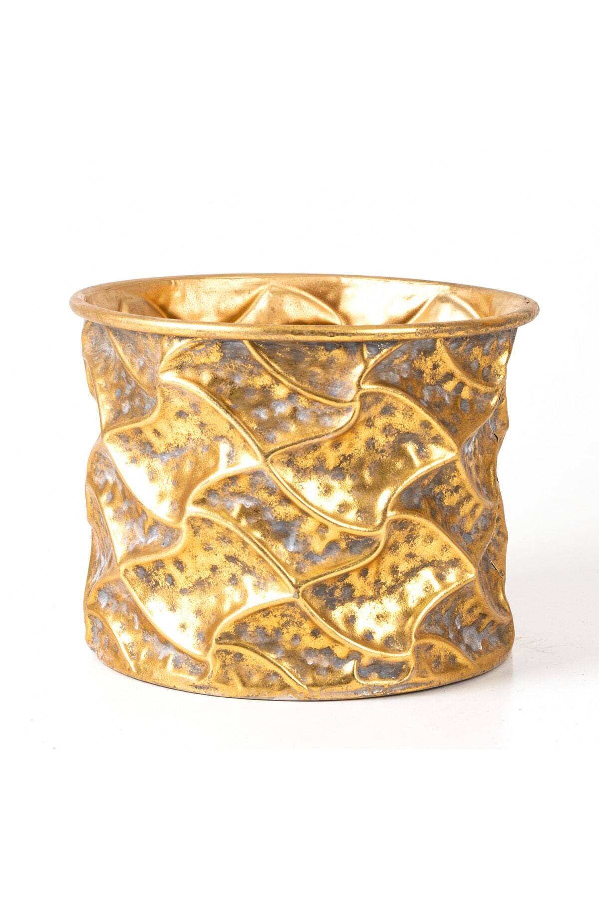 Herdekora Kabartma Desenli Metal Çiçeklik Saksı Altın Eskitme 25,5x19,5x25,5 Cm.