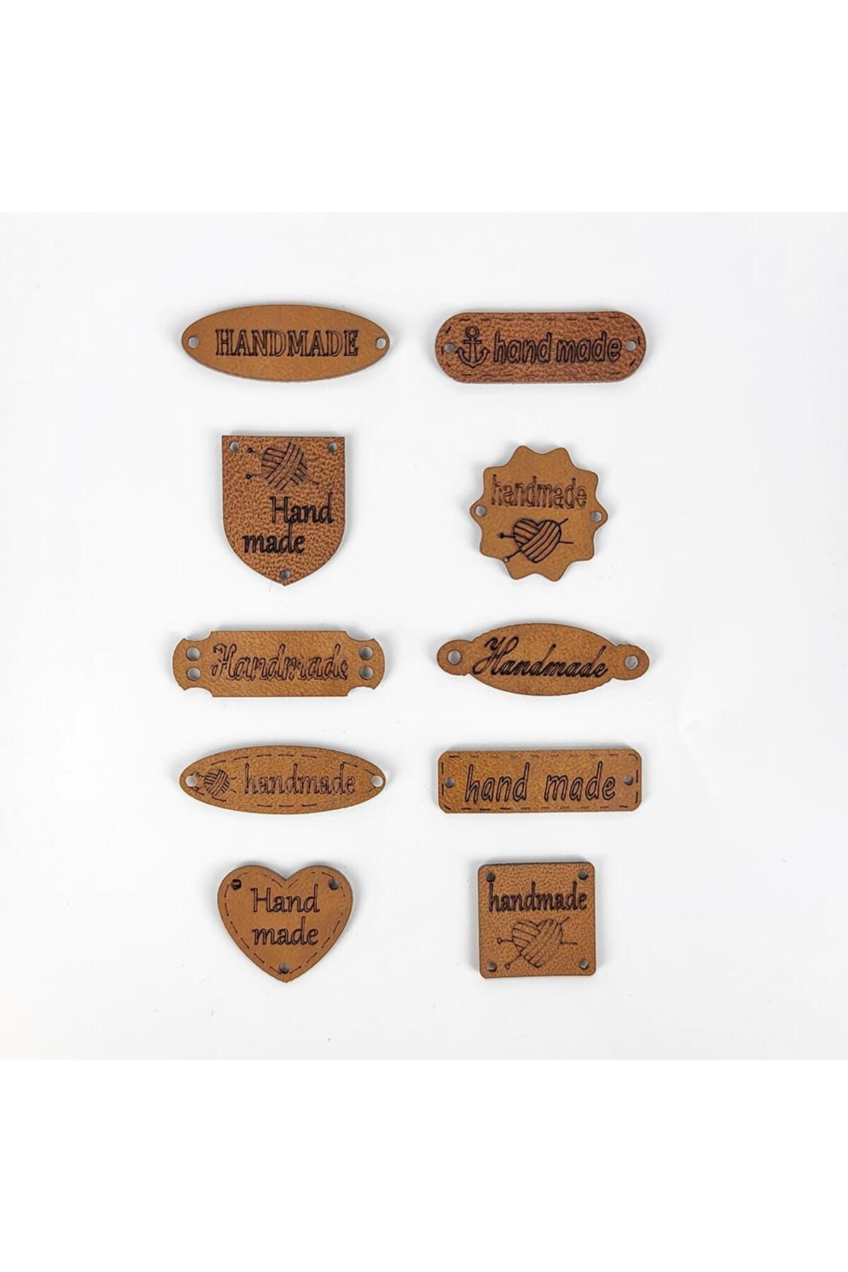 Spagettiyarn 10'lu Handmade Yazılı Kahverengi Suni Deri Etiket