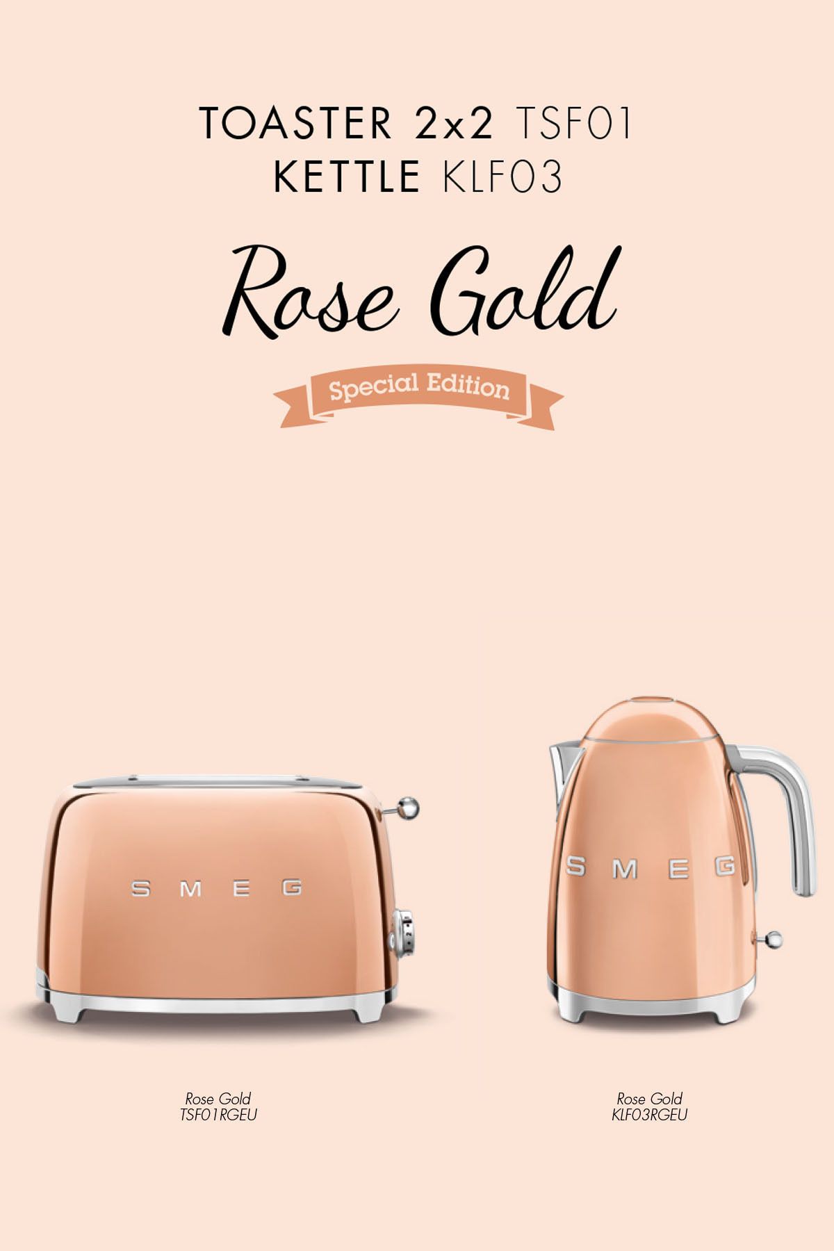 Smeg 50'S Style Special Edition Rose Gold Kettle ve 1x2 Ekmek Kızartma Makinesi Seti