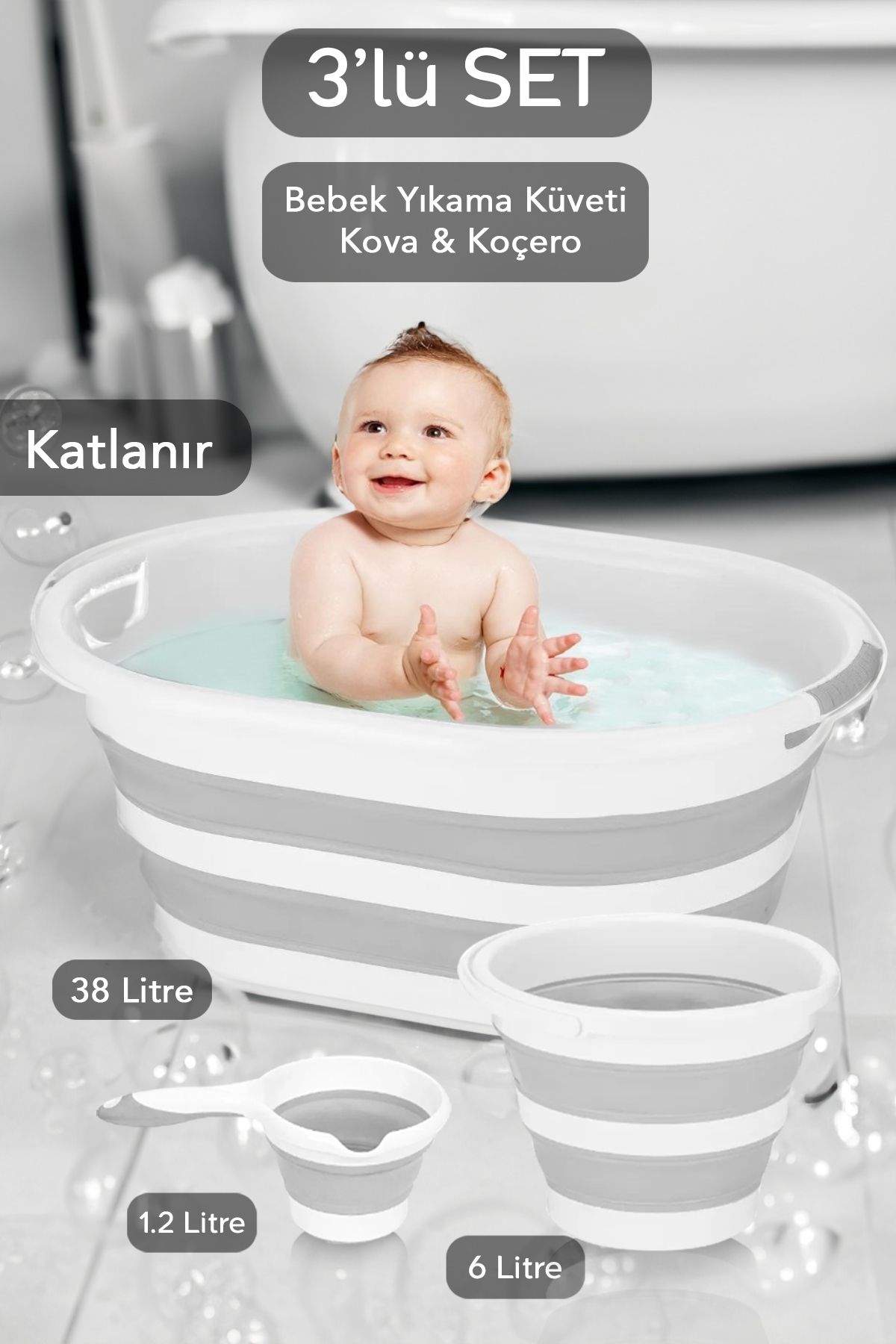 Meleni Baby 3'lü Katlanır Bebek Yıkama Seti Bebek Banyo Küveti Büyük Boy - Su Kovası - Maşrapa Gri