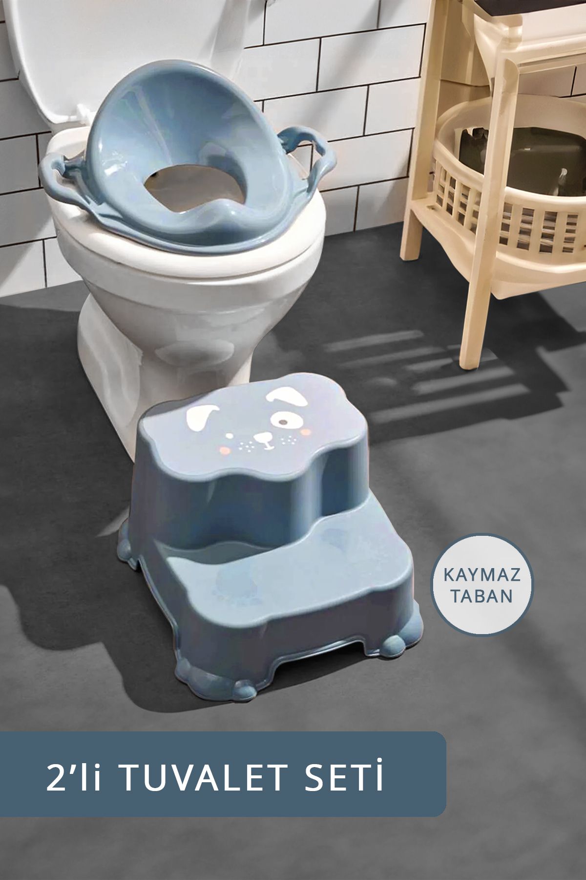 Meleni Baby Çocuklar Için Tuvalet Eğitim Seti- Kaydırmaz Katlı Basamak Ve Kulplu Klozet Adaptörü Mavi