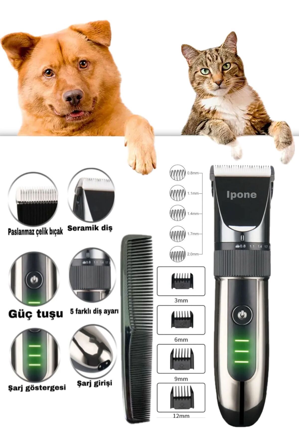 Ipone Kedi Köpek Tıraş Seti Pet Evcil Hayvan Tüy Kesme Tüy Kısaltma Tıraş Makinesi