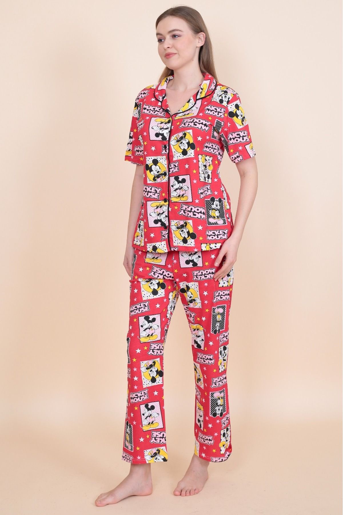 Le Savu Fare Desen Detaylı Kısa Kollu Kırmızı Renkli Pijama Takımı Sevunera