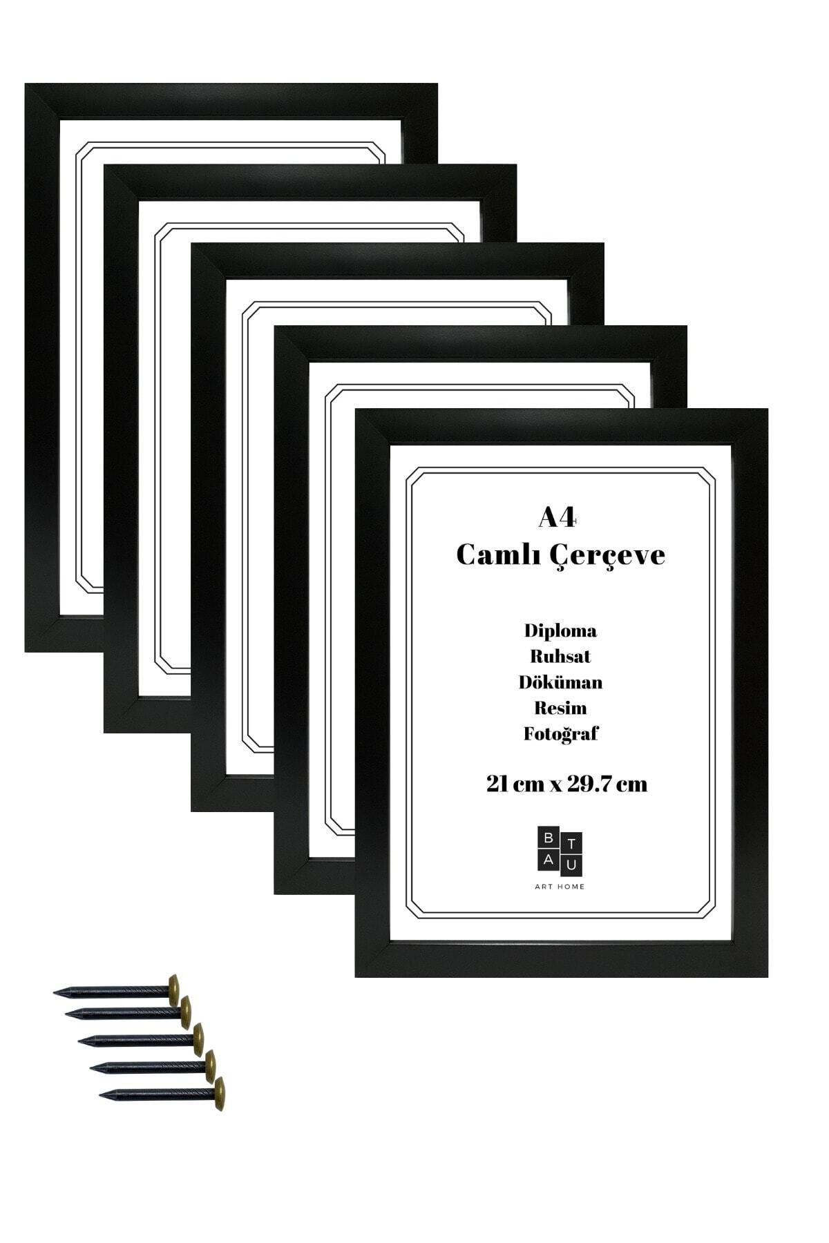 Batu Art Home 5 Adet A4 Çerçeve Gerçek Camlı Belge Diploma Resim Fotoğraf Asılabilir Siyah Renk 21x29.7 Cm