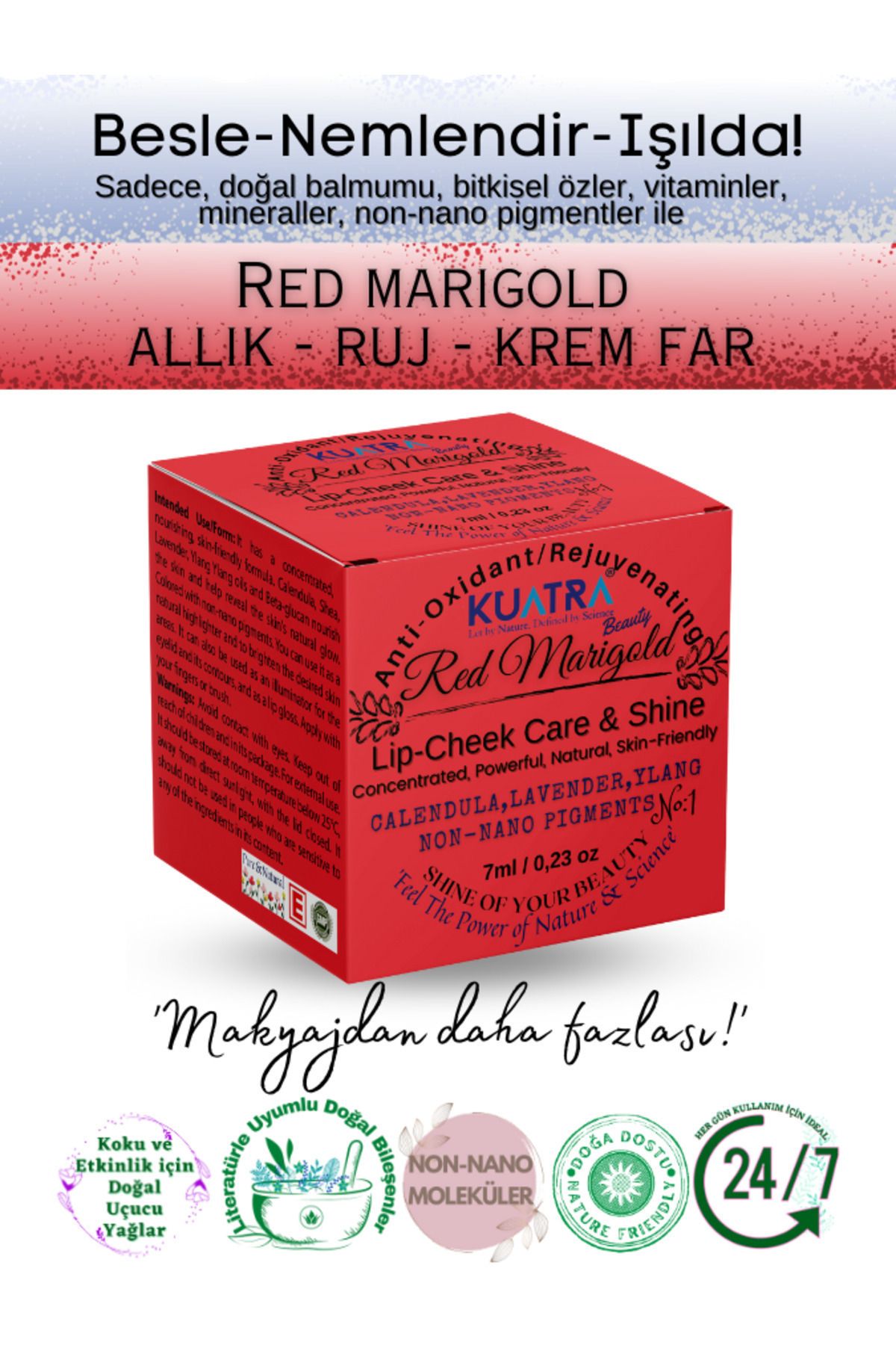 Kuatra Red Marigold Nemlendirici - Antioksidan Işıltı Veren Balm (DOĞAL İÇERİKLİ RUJ- ALLIK-GÖZ FARI)