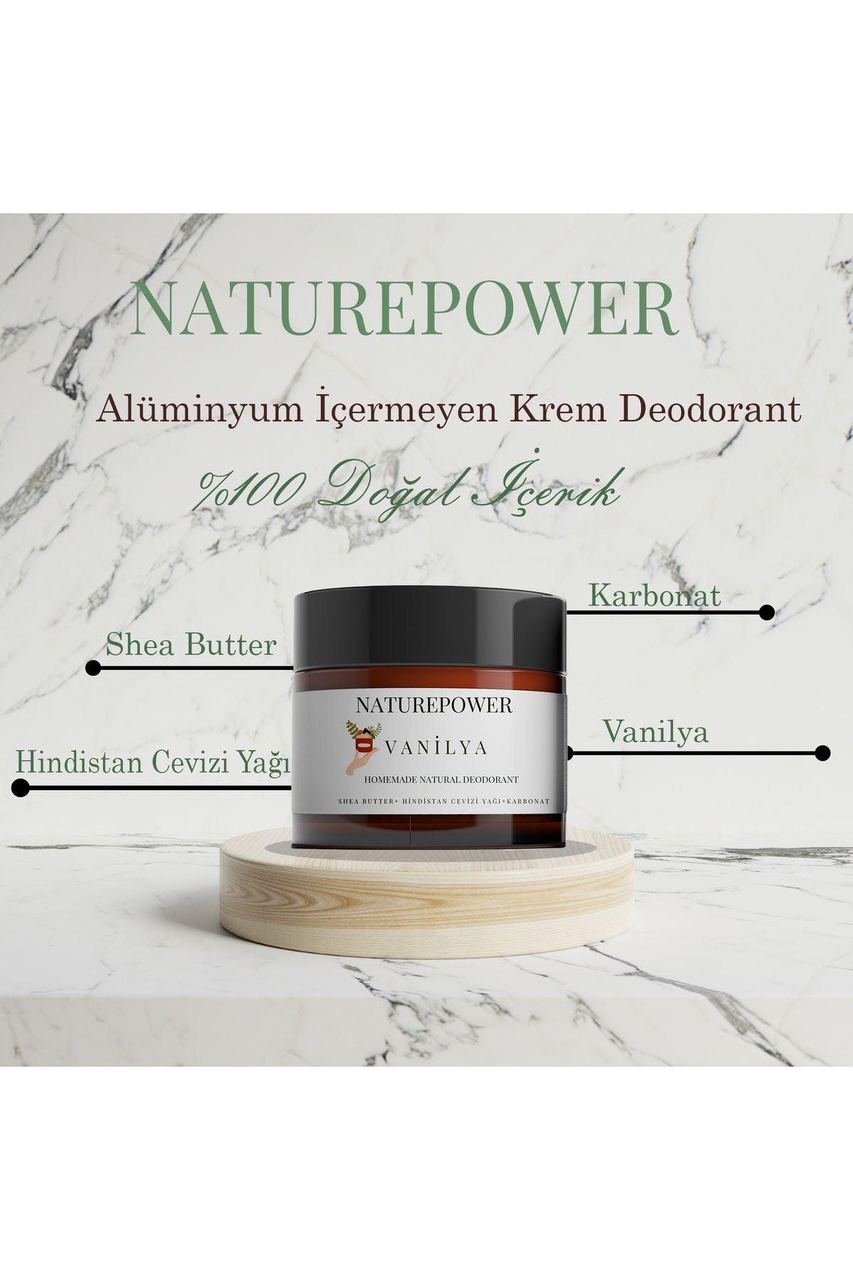 naturepower Doğal İçerikli Alüminyum İçermeyen Vanilya Kokulu Handmade Krem Deodorant 50 ML