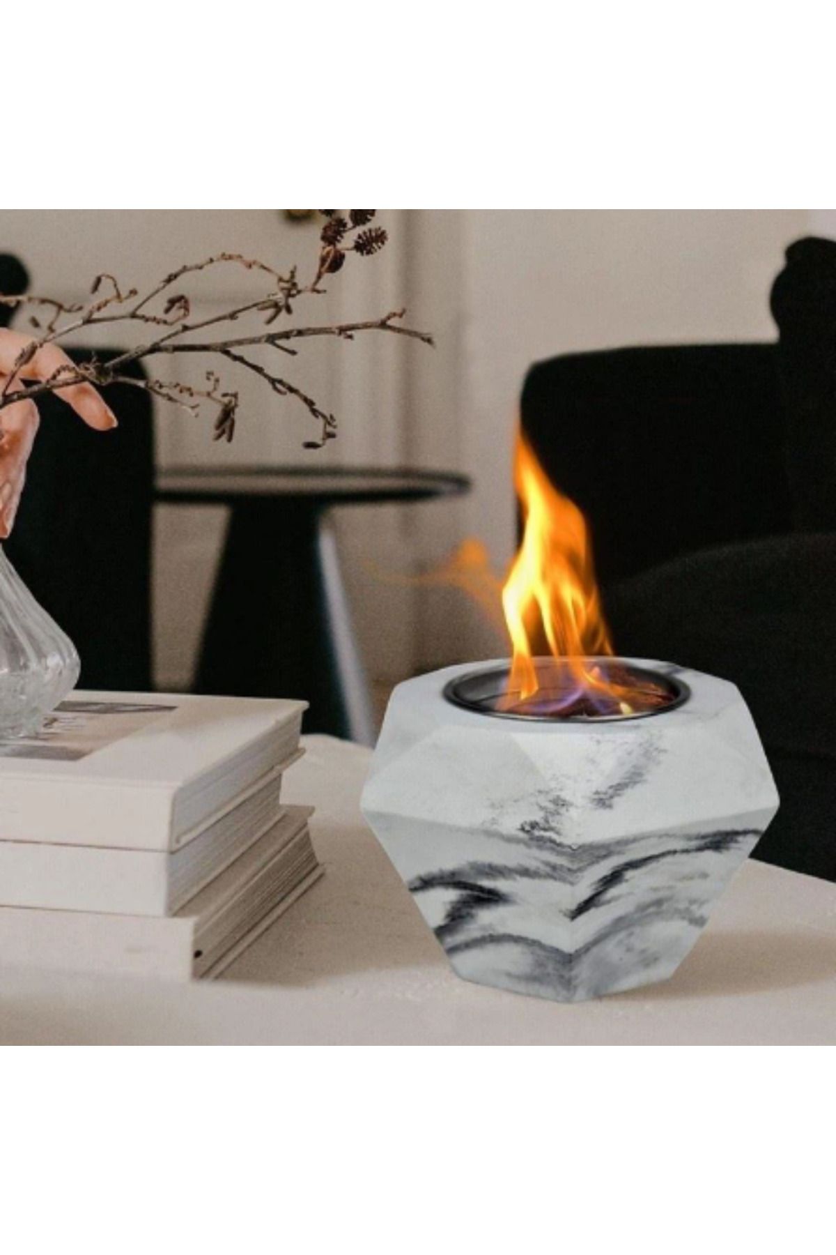 VOOKA Şömine Mini Masaüstü Taş Ateş Çukuru Mermer Desenli Yakıt Hediyeli Şömine Isıtıcı Şömine