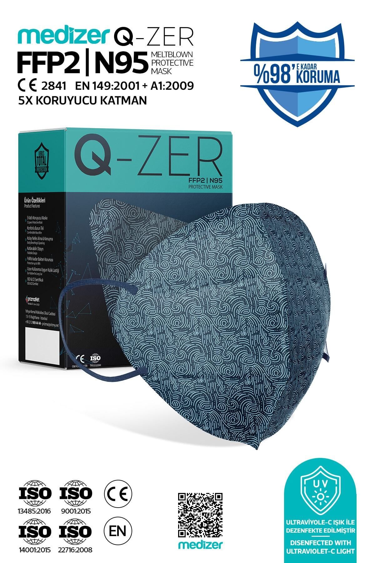 Medizer Qzer Lacivert Dalga Desenli N95 Maske 10 Adet