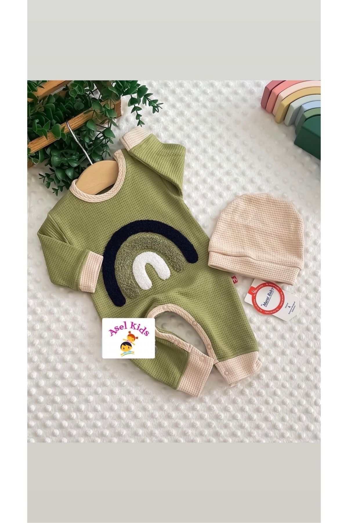 Murat Baby Waffle kumaş şapkalı bebek tulum
