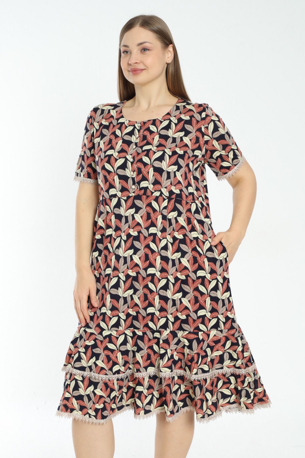 İntensive kadın dantel detaylı desenli düğmeli büyük beden kısa kollu elbise