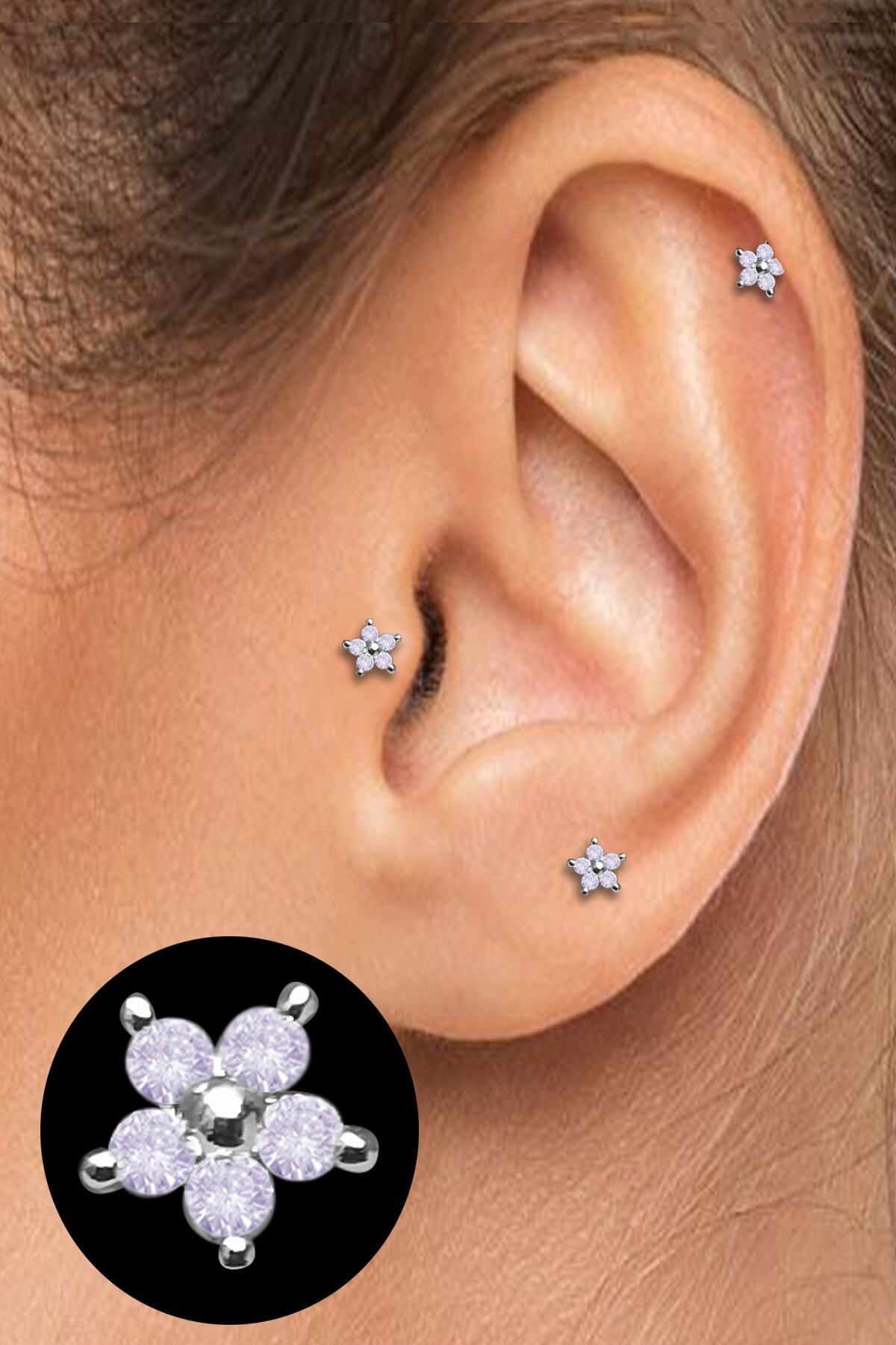 Salyangoz Company Cerrahi Çelik Kıkırdak Helix Tragus Piercing Mini Boy Çiçek Figür (1 Adet) Slmncc