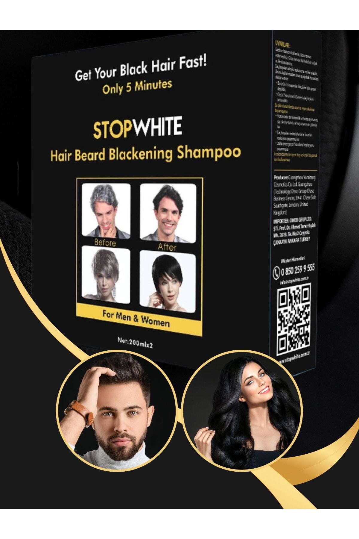 STOP WHITE Stopwhite Saç Sakal Siyahlaştırıcı Beyazlık Giderici Şampuan Seti 400 ml