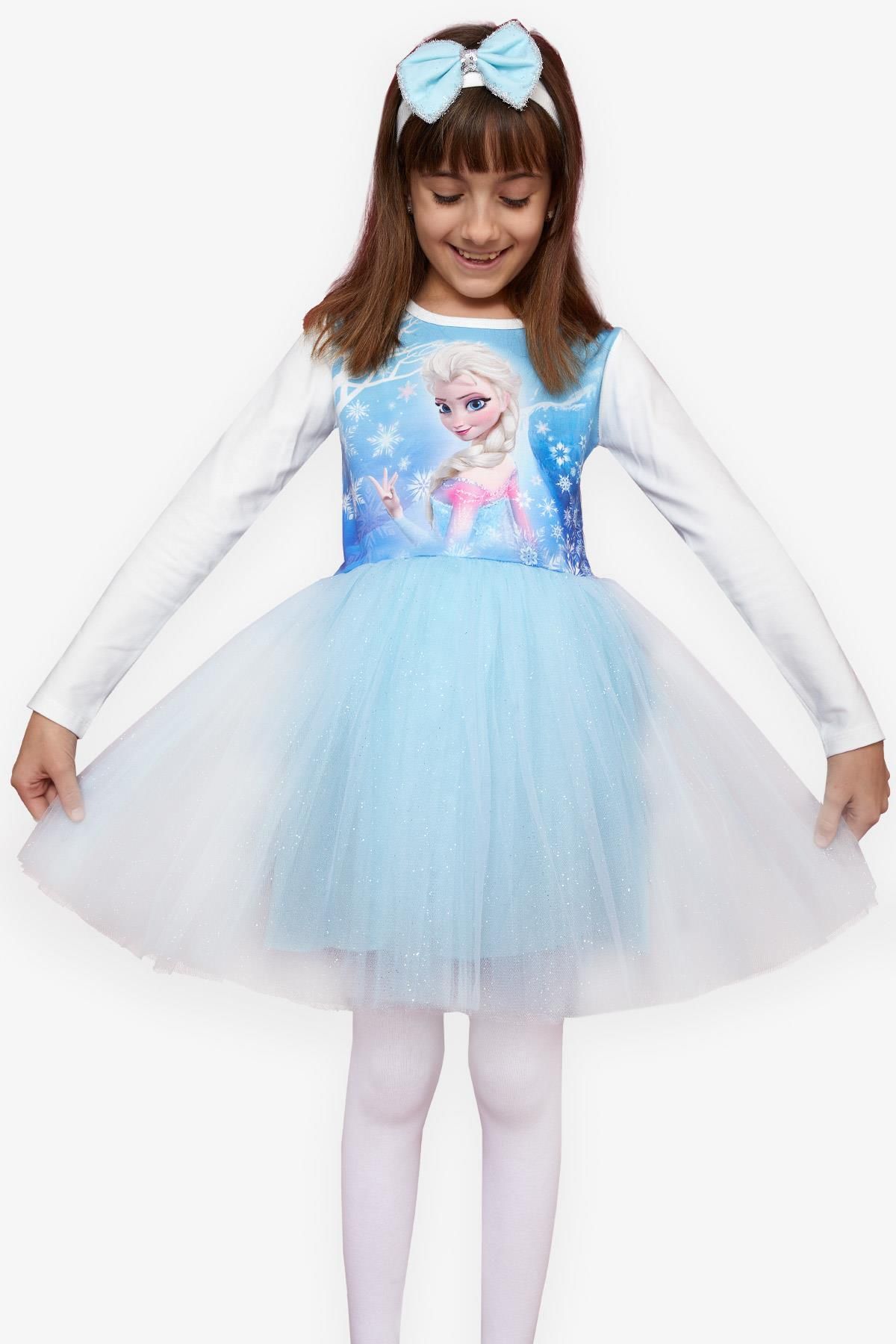 BABELEY GİRLS Breeze Kız Çocuk Uzun Kollu Elbise Karlar Kraliçesi Elsa 5-10 Yaş, Mavi