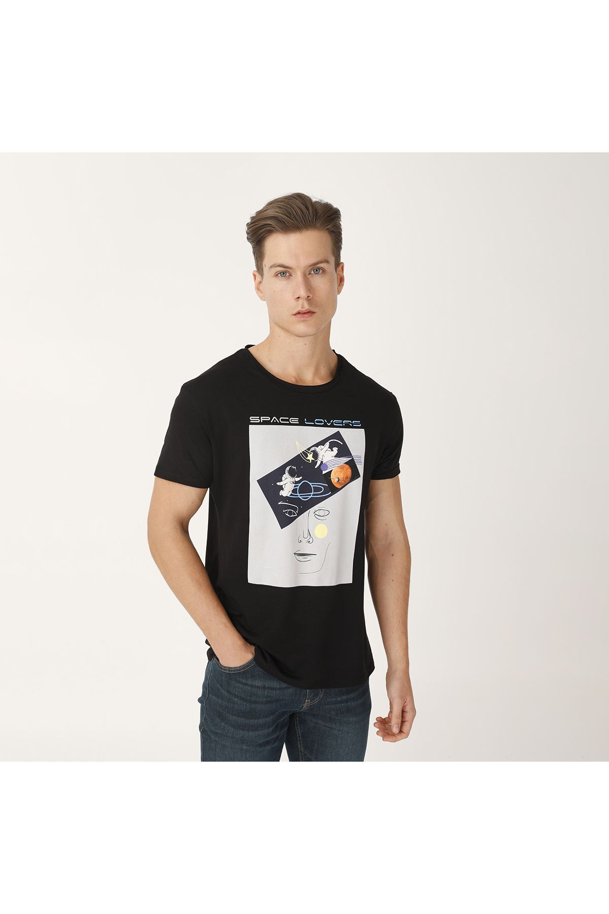 Biggdesign Erkek Siyah Faces Space Lovers T-shirt